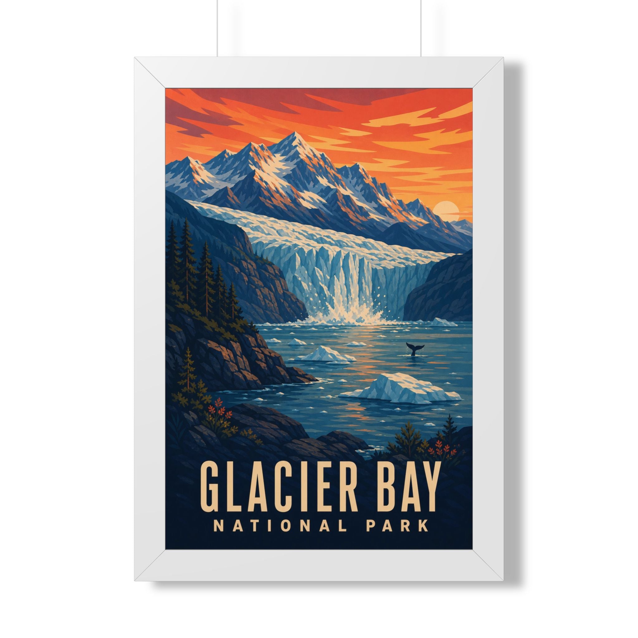 Glacier Bay National Park Framed Poster | Vintage Travel Wall Art | Black Walnut White Frame | 16x24 20x30
