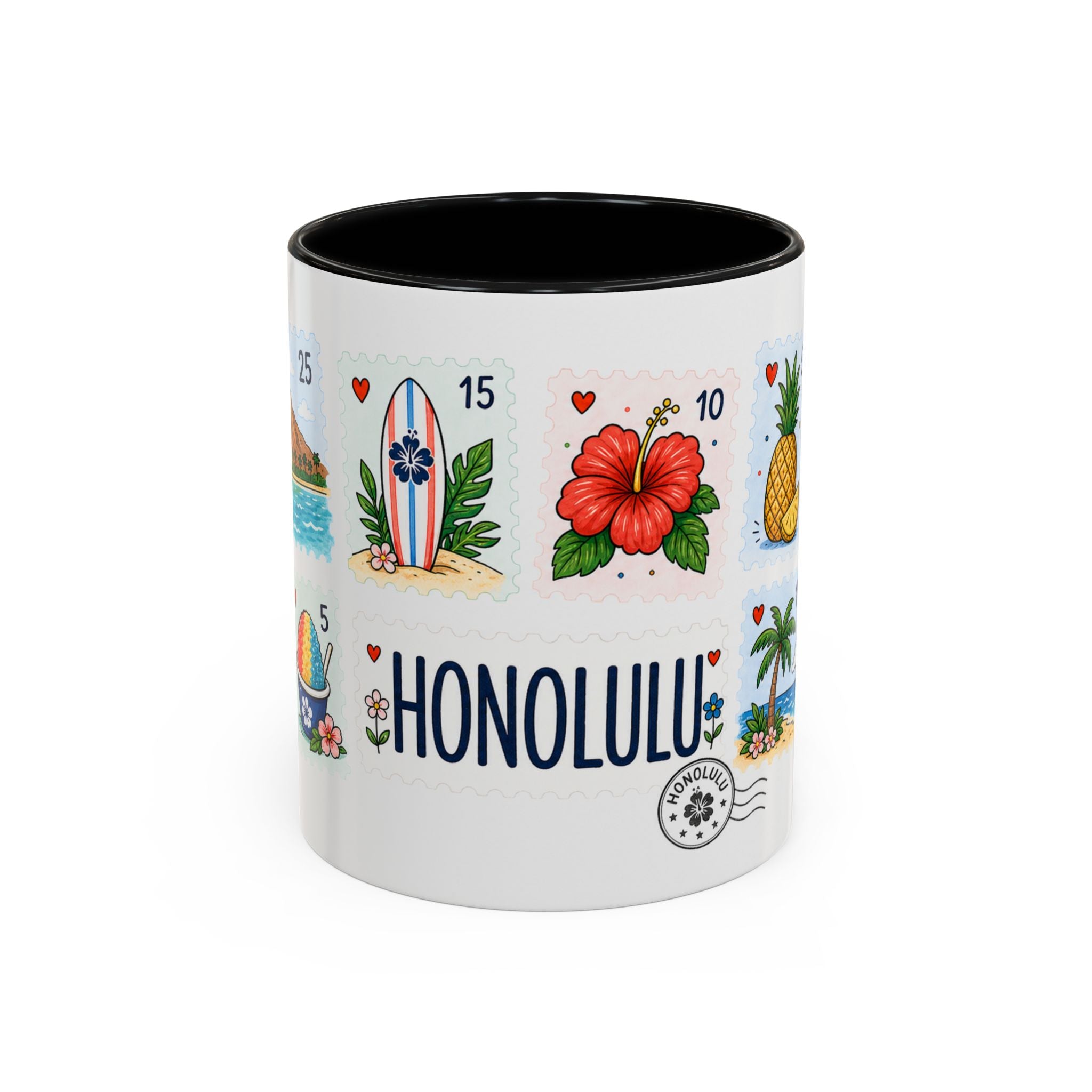 Honolulu Coffee Mug | Postage Stamp Collage Mug | Travel Souvenir Accent Cup 11oz 15oz