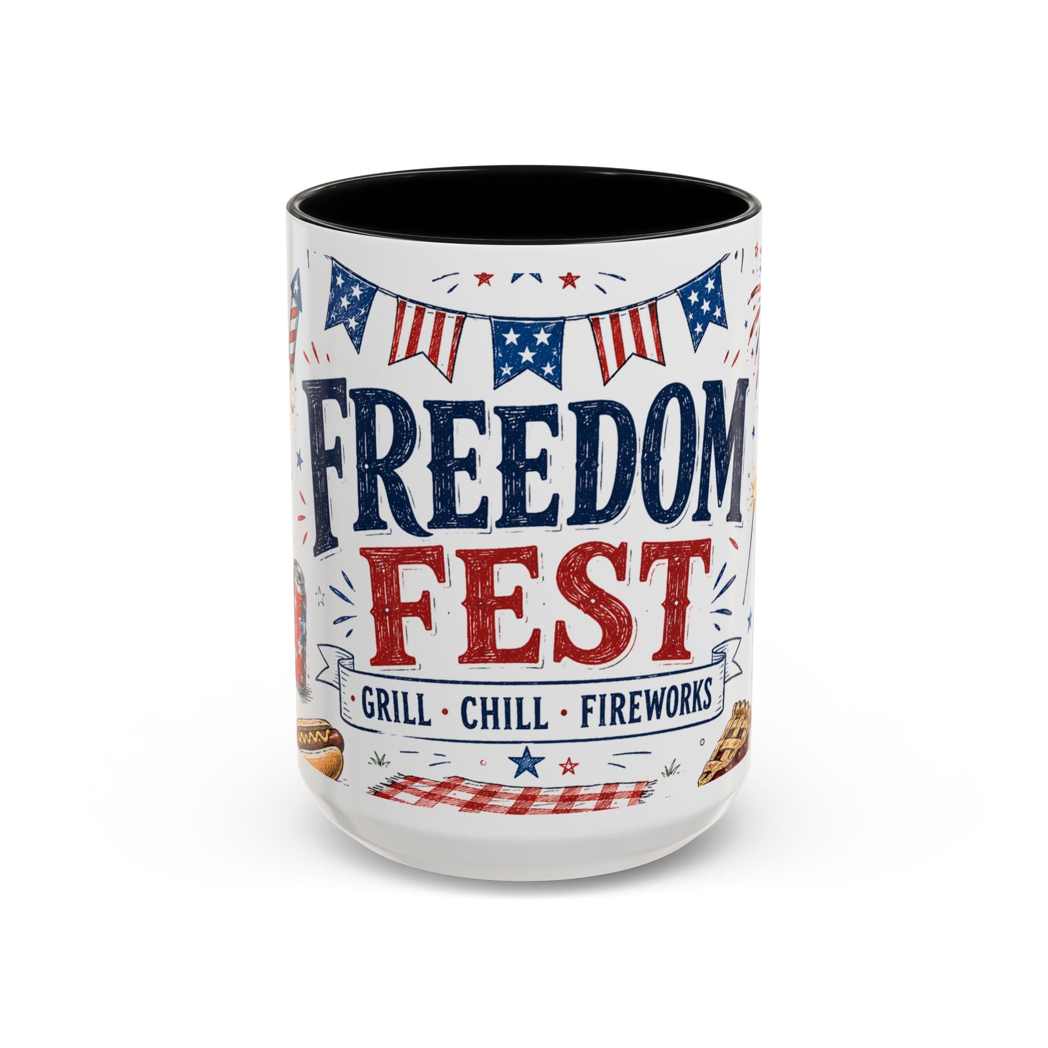 Freedom Fest Coffee Mug | Grill Chill Fireworks 4th of July | Accent Color Ceramic 11oz 15oz