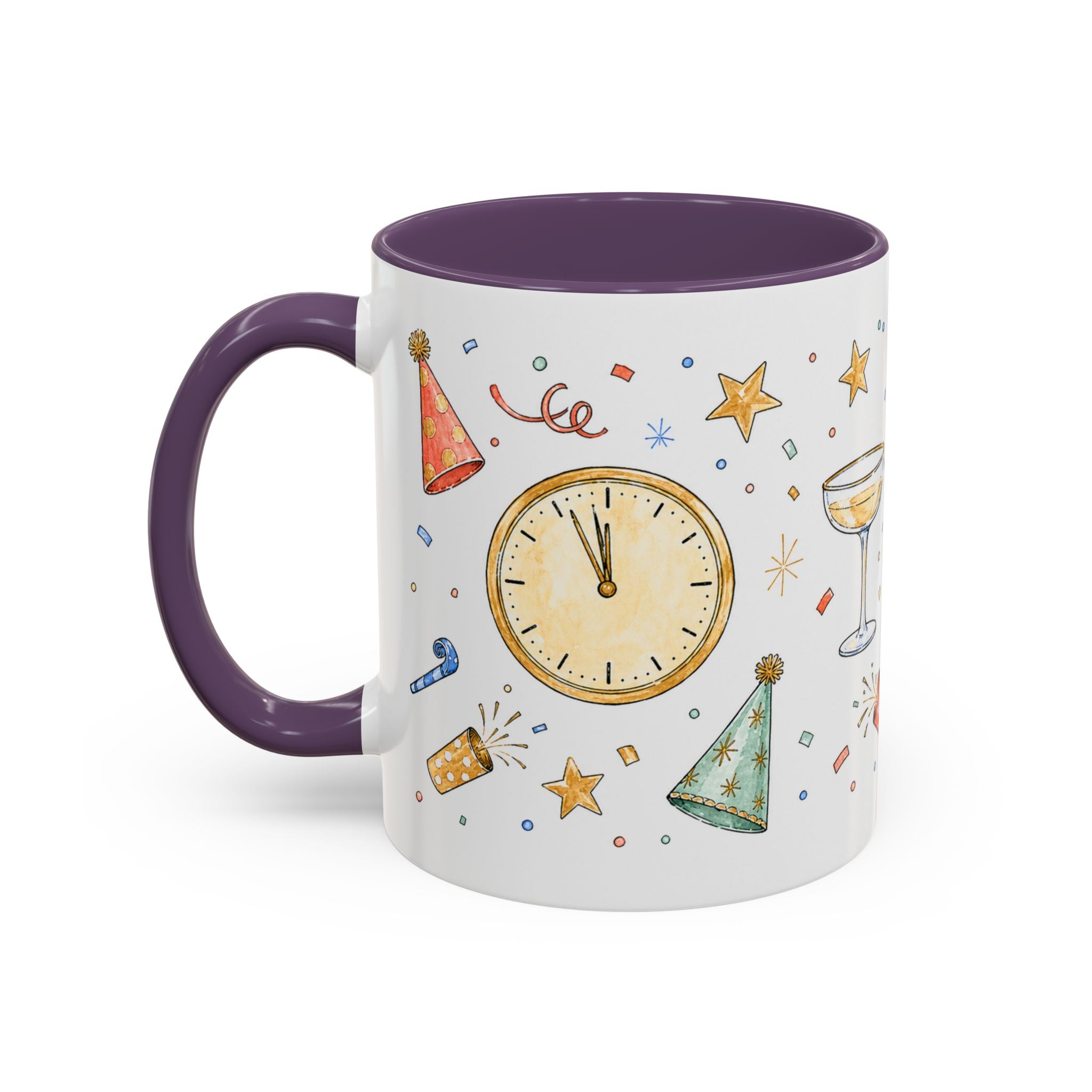 New Year Mug | Midnight Clock Toast Watercolor Celebration Gift | Accent Cup 11oz 15oz