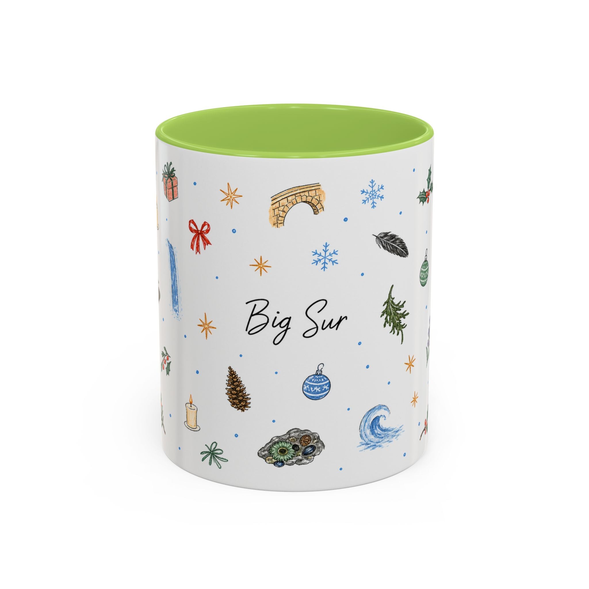 Big Sur Christmas Mug | Watercolor Travel Souvenir | Holiday Gift | Accent Ceramic Coffee Cup 11oz 15oz
