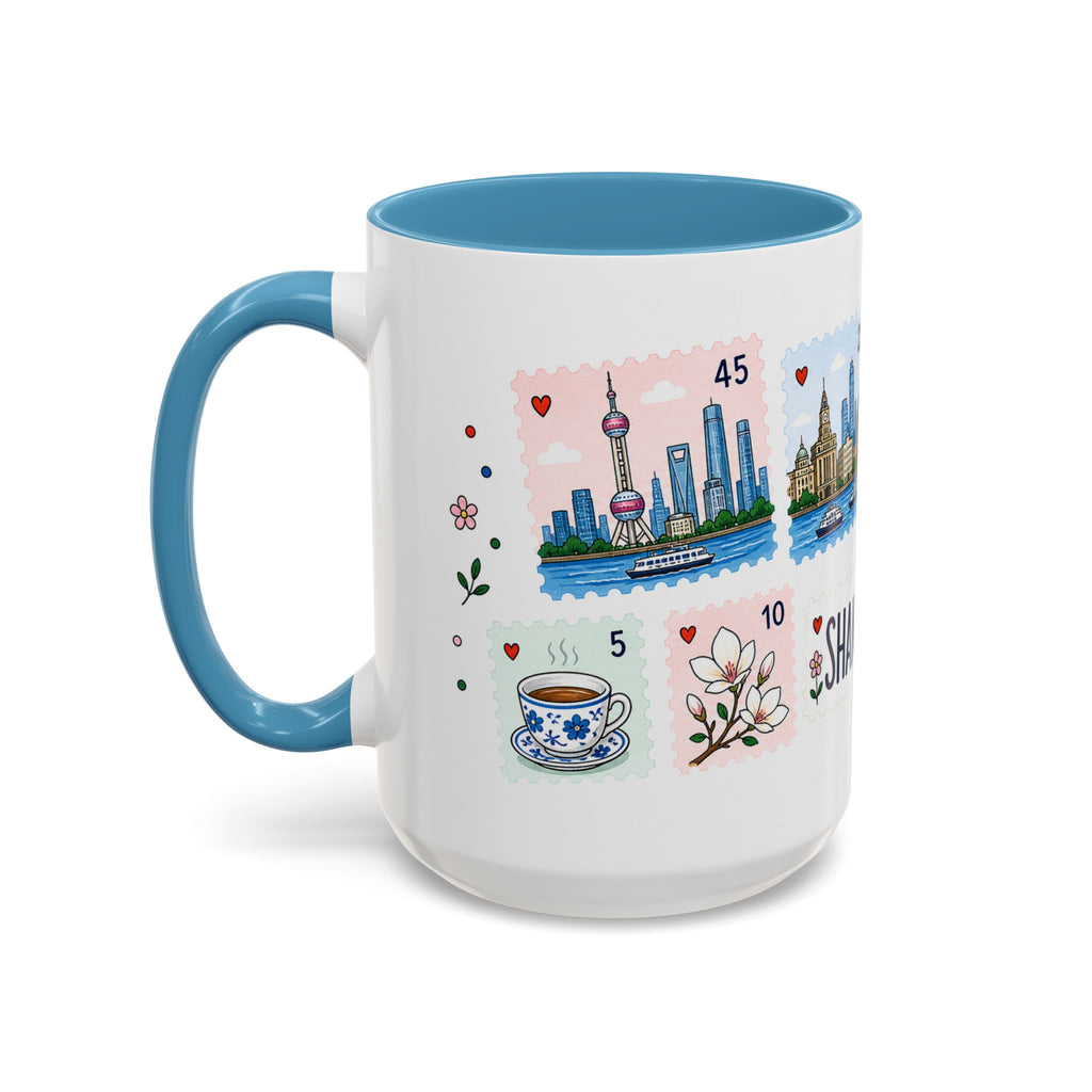 Shanghai Coffee Mug | Postage Stamp Collage Mug | Travel Souvenir Accent Cup 11oz 15oz