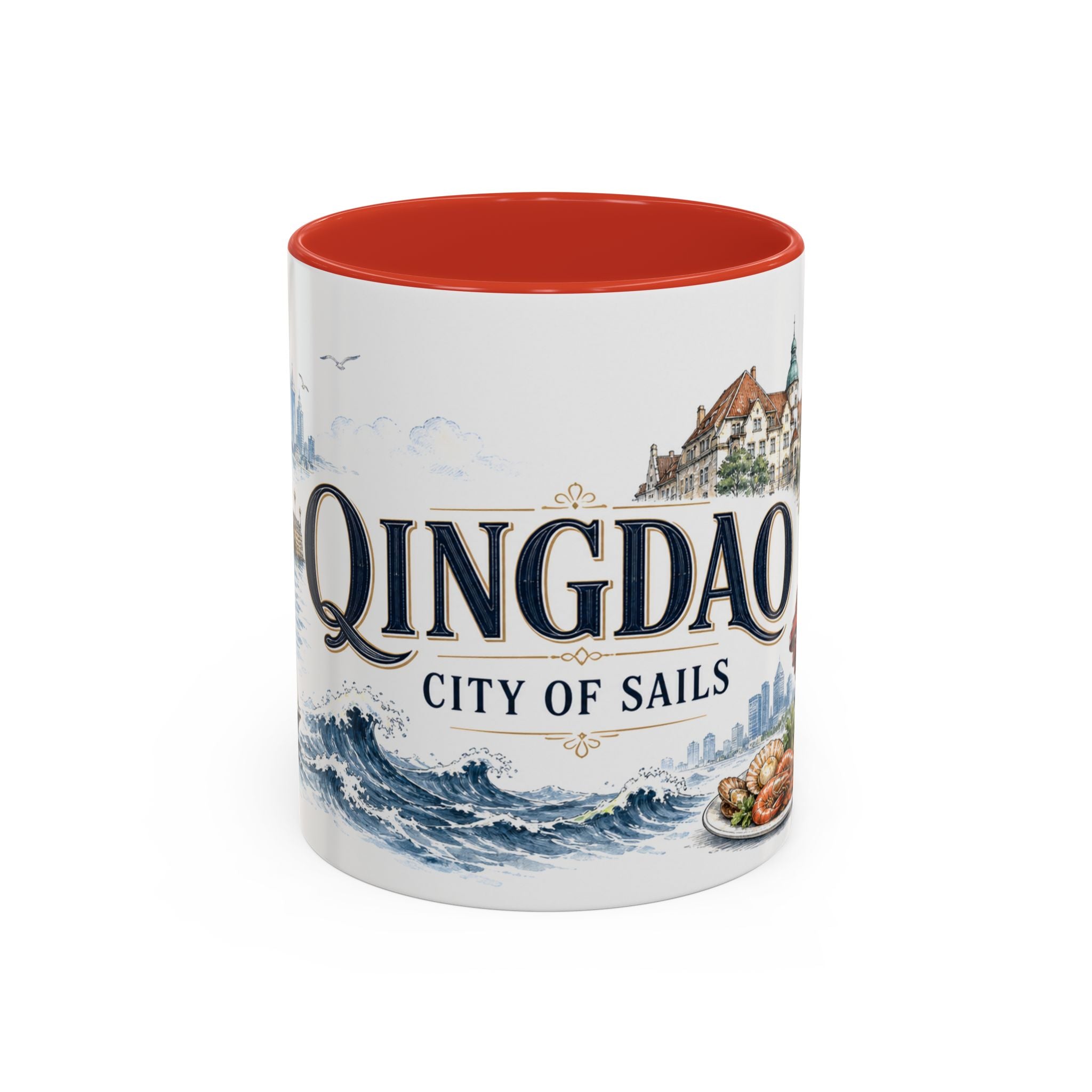 Qingdao Coffee Mug | China Travel Souvenir | Vintage Illustrated City Gift | 11 oz 15 oz Accent Mug