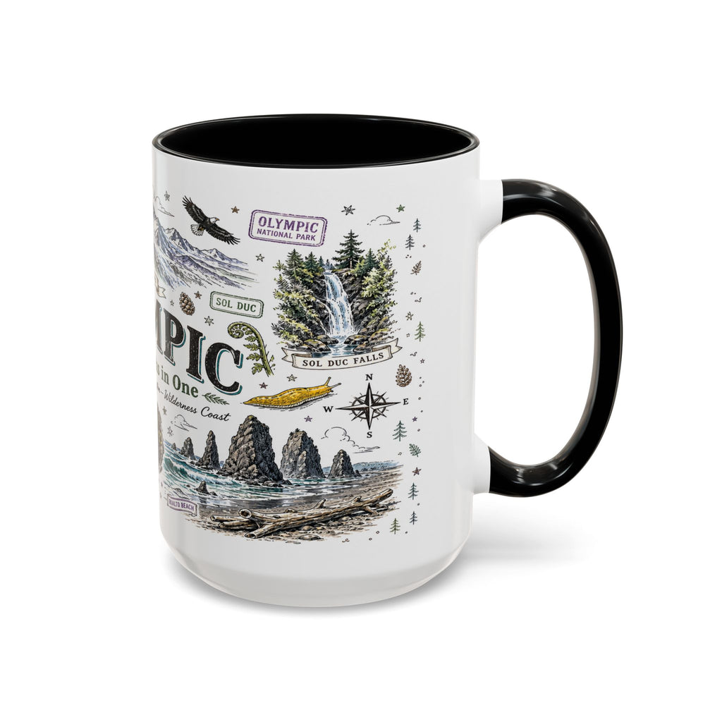 Olympic Coffee Mug | National Park Hiking Rainforest Gift | Accent Color Ceramic 11oz 15oz