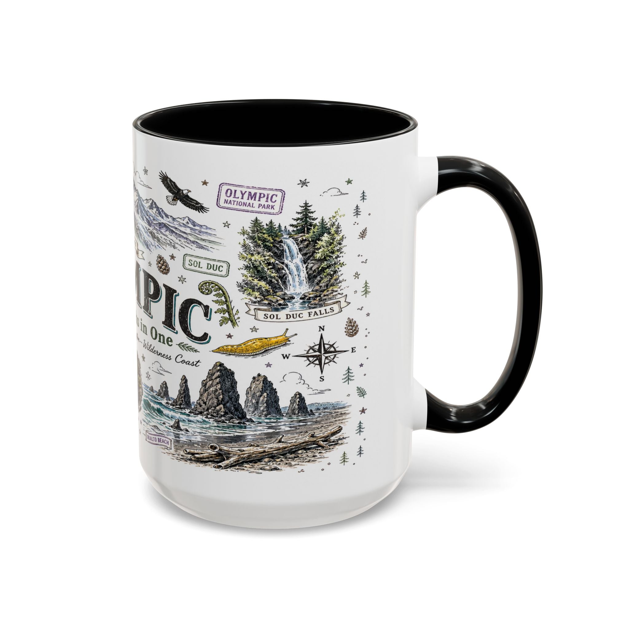 Olympic Coffee Mug | National Park Hiking Rainforest Gift | Accent Color Ceramic 11oz 15oz