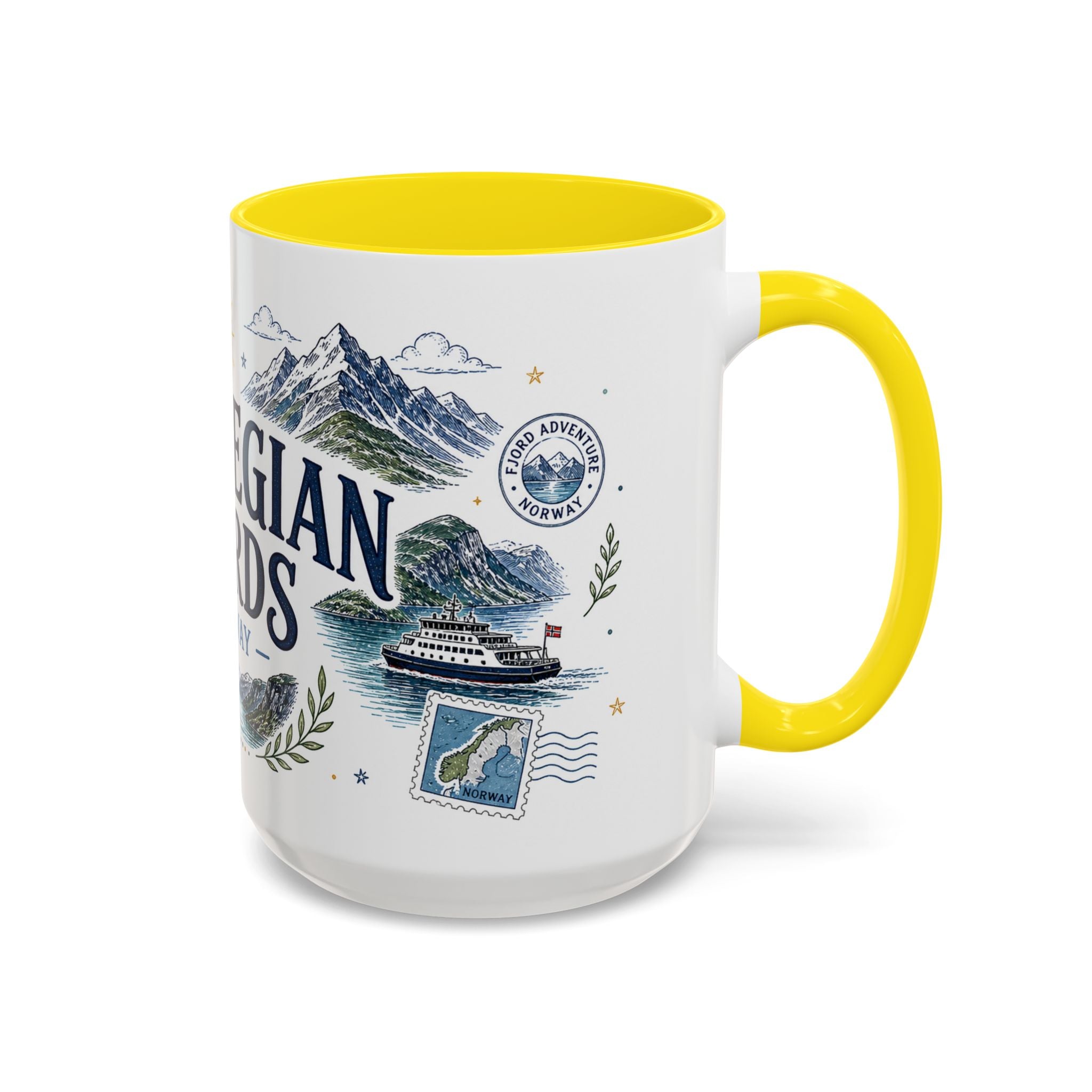 Norwegian Fjords Coffee Mug | Travel Destination Souvenir Gift | Accent Color Ceramic 11oz 15oz