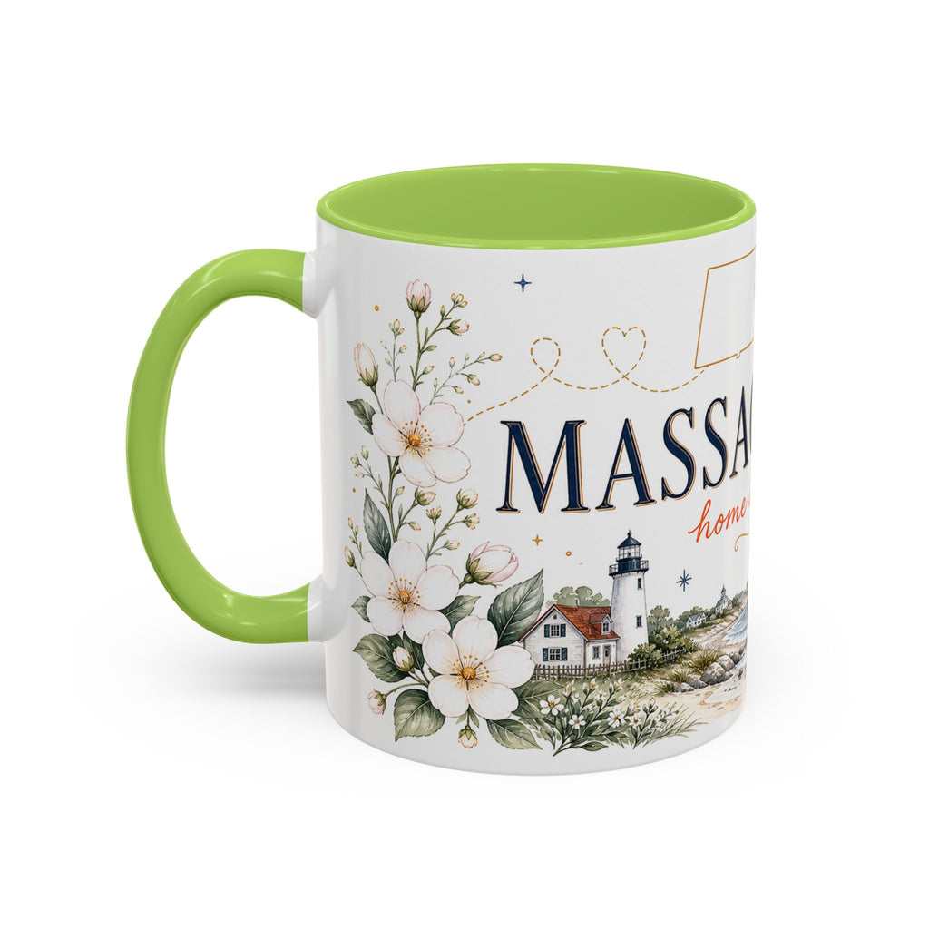 Massachusetts State Map Mug | Coastal Scene, Botanical Accents (11oz, 15oz)