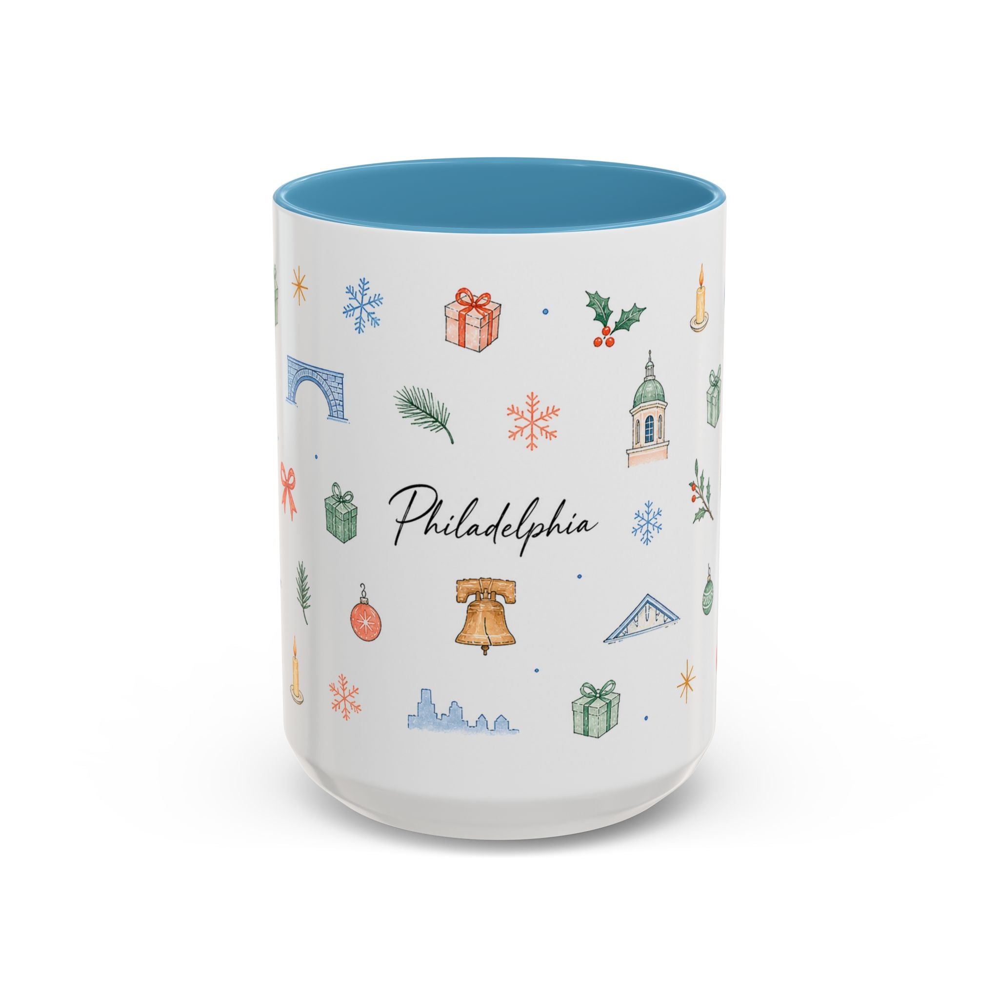 Philadelphia Christmas Mug | Watercolor Travel Souvenir | Holiday Gift | Accent Ceramic Coffee Cup 11oz 15oz