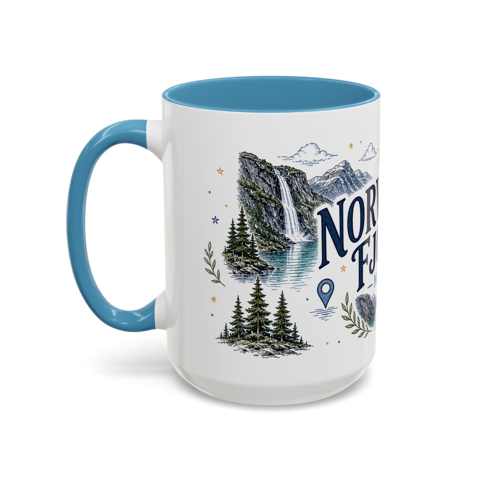 Norwegian Fjords Coffee Mug | Travel Destination Souvenir Gift | Accent Color Ceramic 11oz 15oz