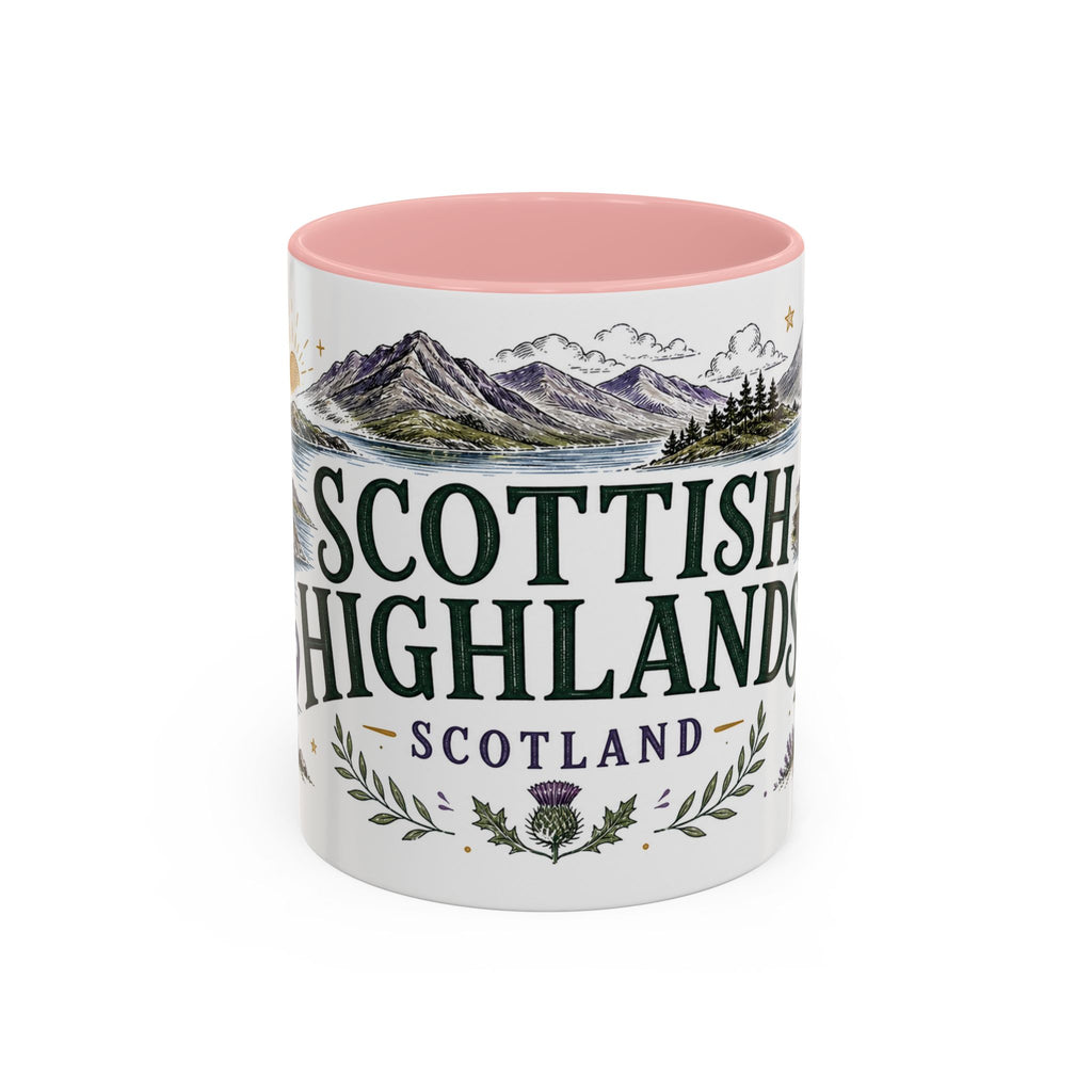 Scottish Highlands Coffee Mug | Travel Destination Souvenir Gift | Accent Color Ceramic 11oz 15oz