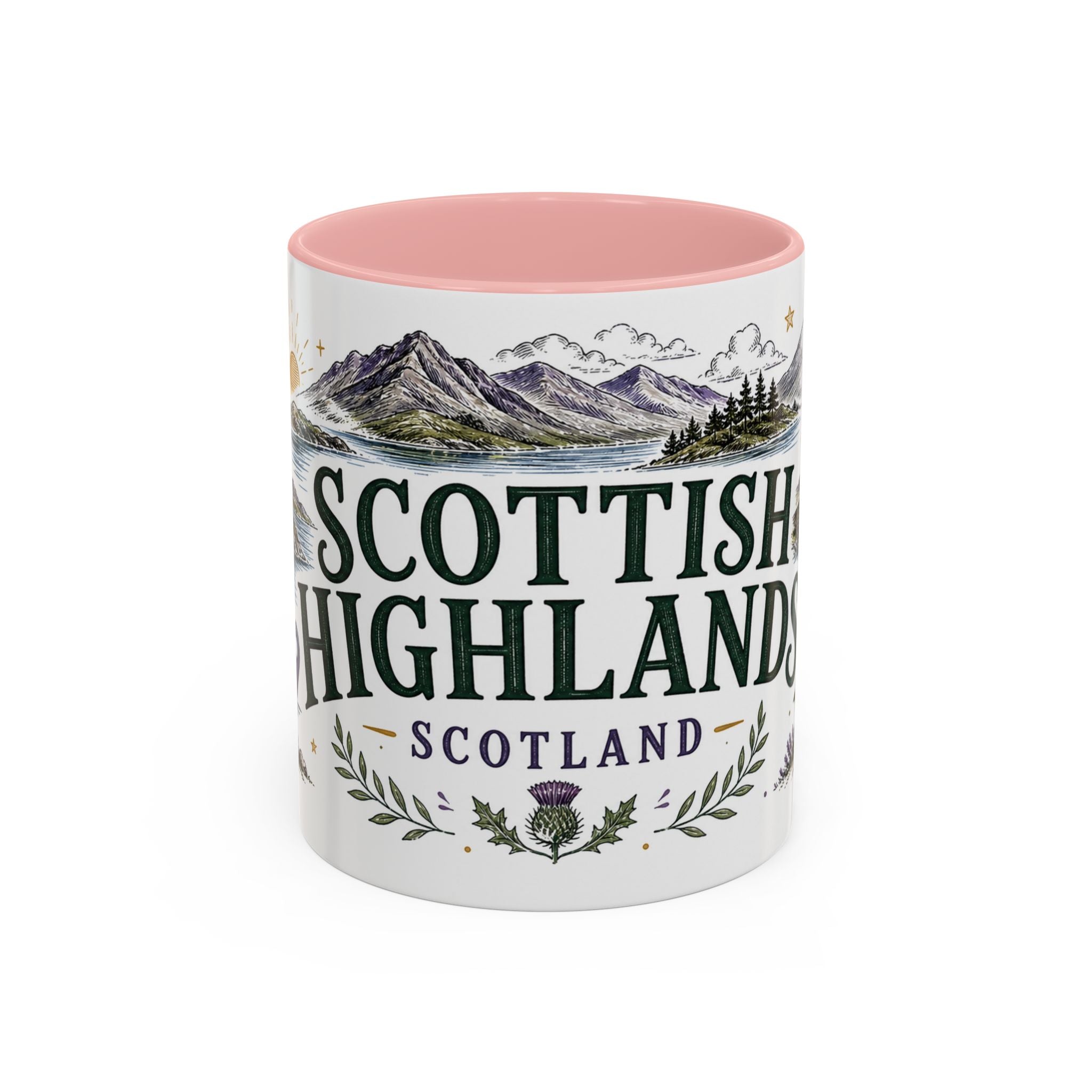 Scottish Highlands Coffee Mug | Travel Destination Souvenir Gift | Accent Color Ceramic 11oz 15oz