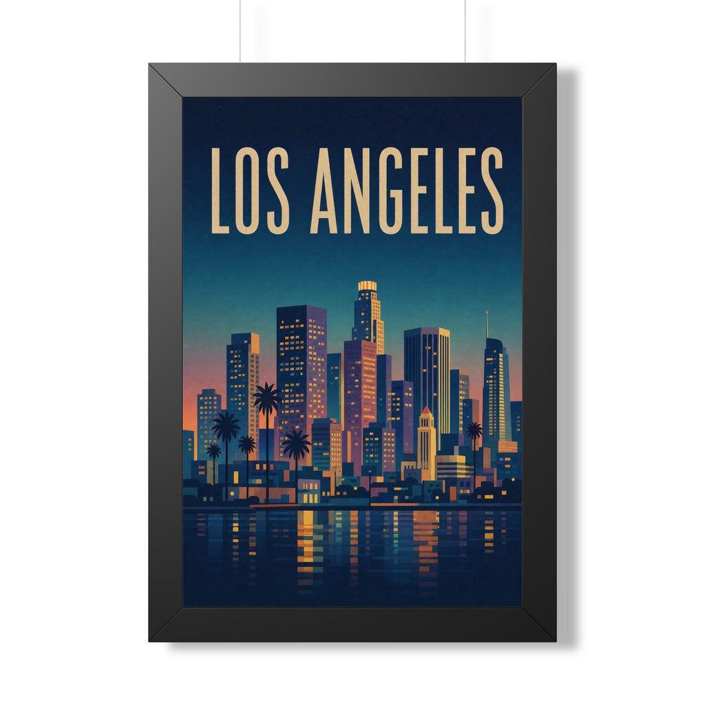 Los Angeles at Night United States Framed Poster | Vintage Travel Wall Art | Black Walnut White Frame | 16x24 20x30