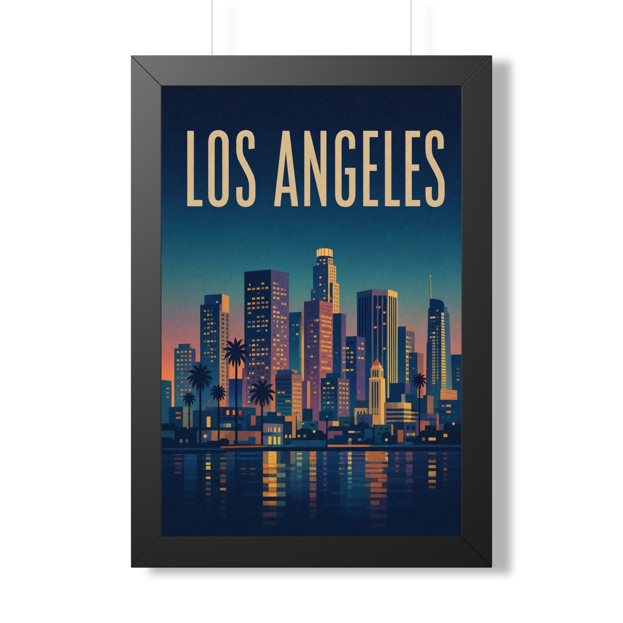 Los Angeles at Night United States Framed Poster | Vintage Travel Wall Art | Black Walnut White Frame | 16x24 20x30