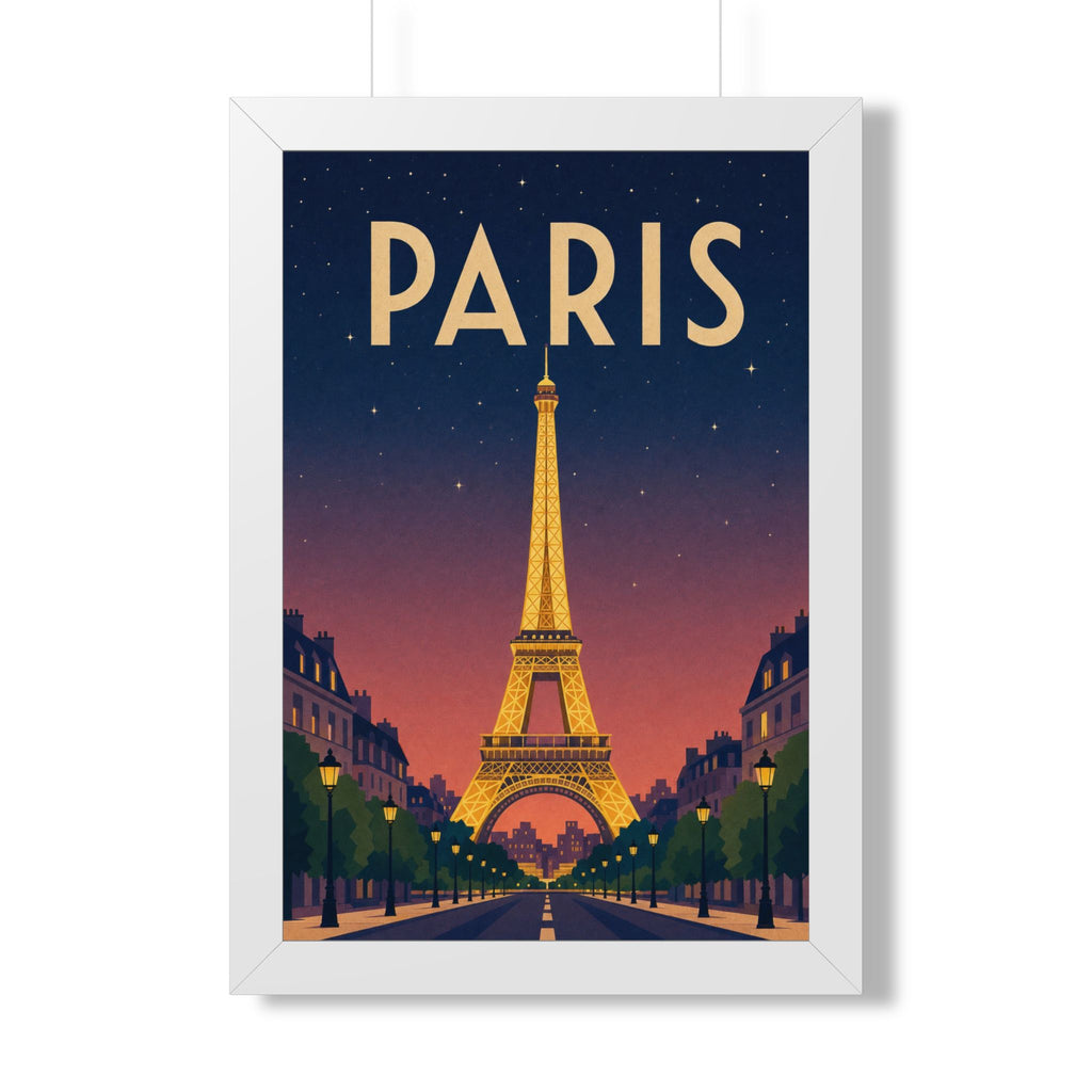 Paris at Night France Framed Poster | Vintage Travel Wall Art | Black Walnut White Frame | 16x24 20x30