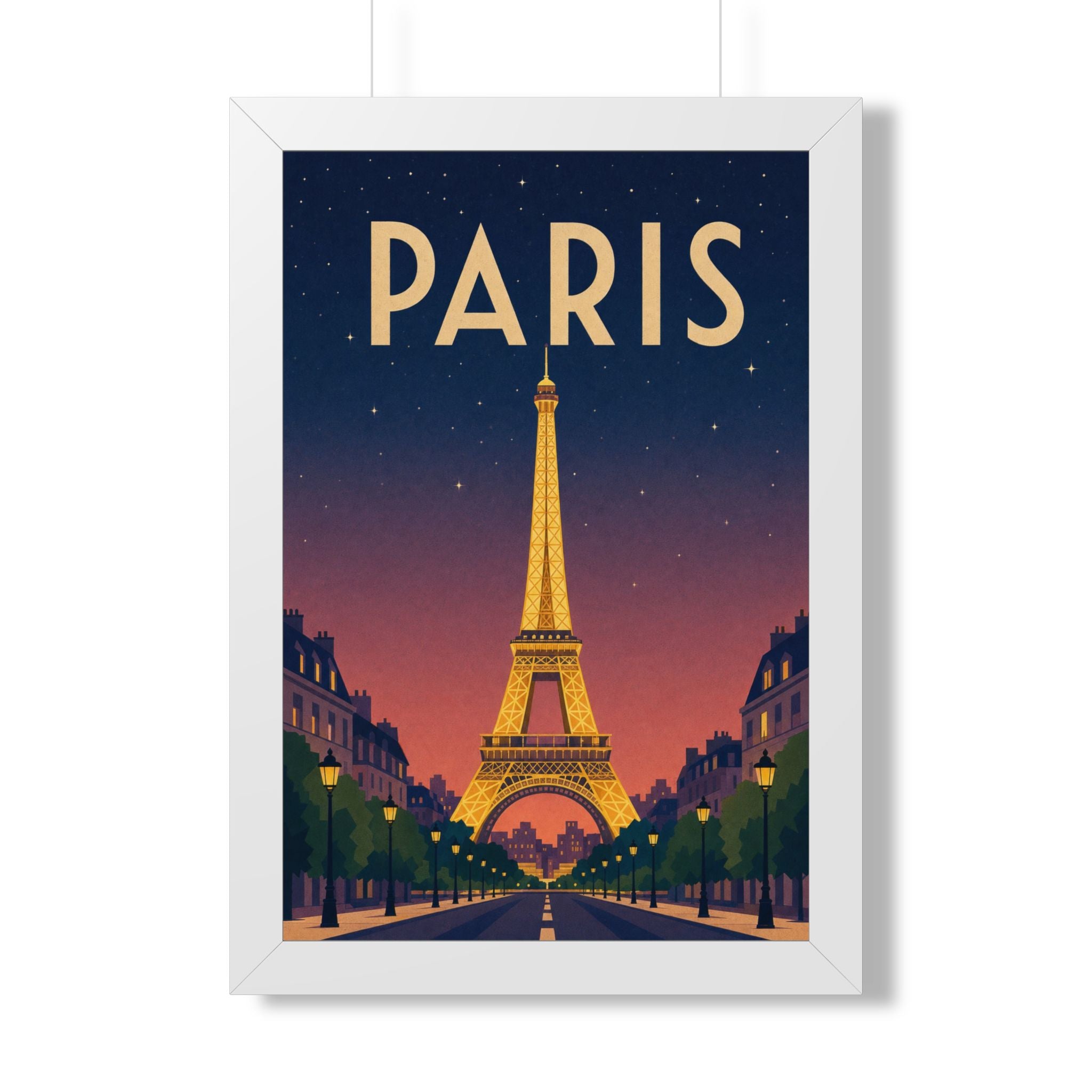 Paris at Night France Framed Poster | Vintage Travel Wall Art | Black Walnut White Frame | 16x24 20x30