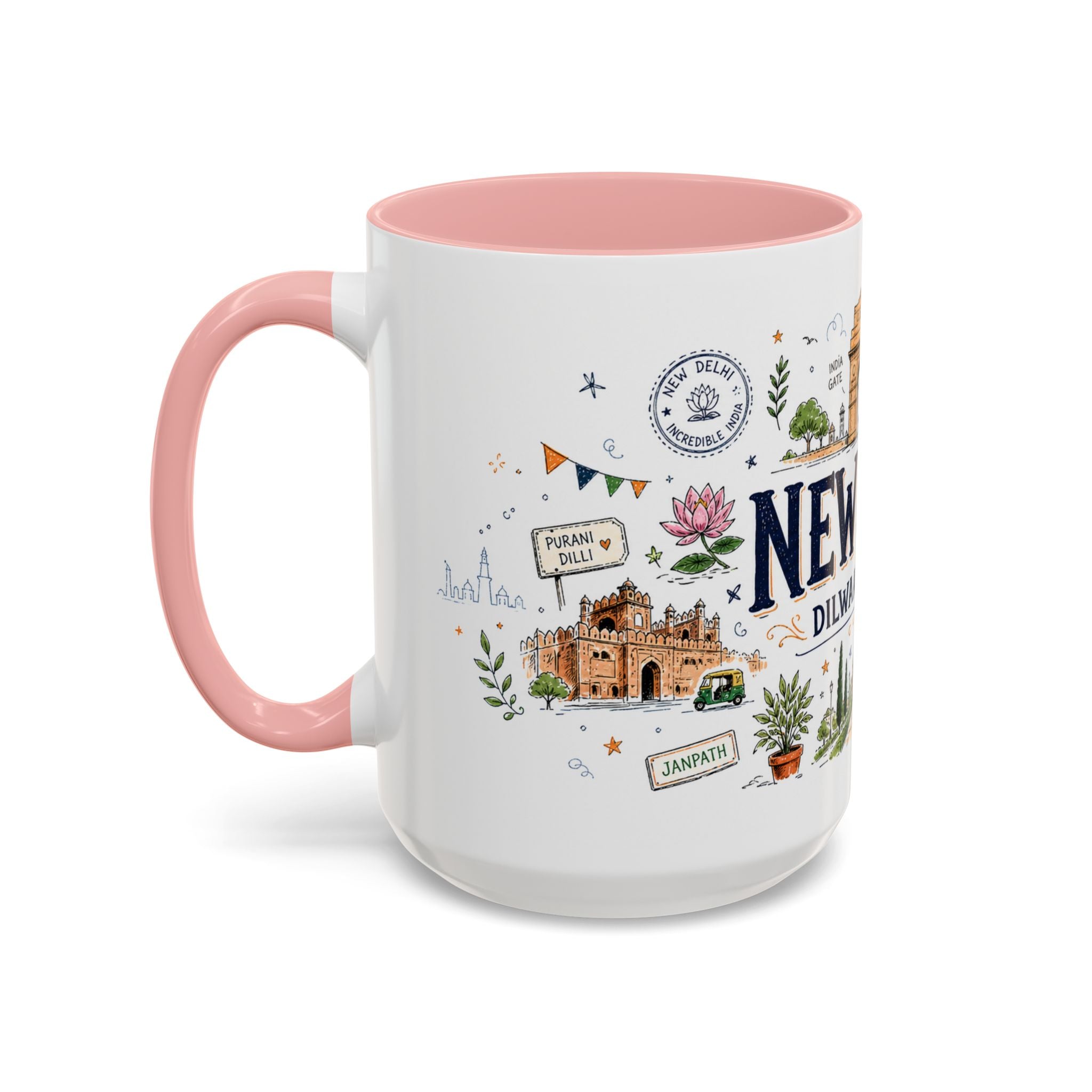 New Delhi Coffee Mug | India Souvenir Travel Gift | Accent Color Ceramic 11oz 15oz