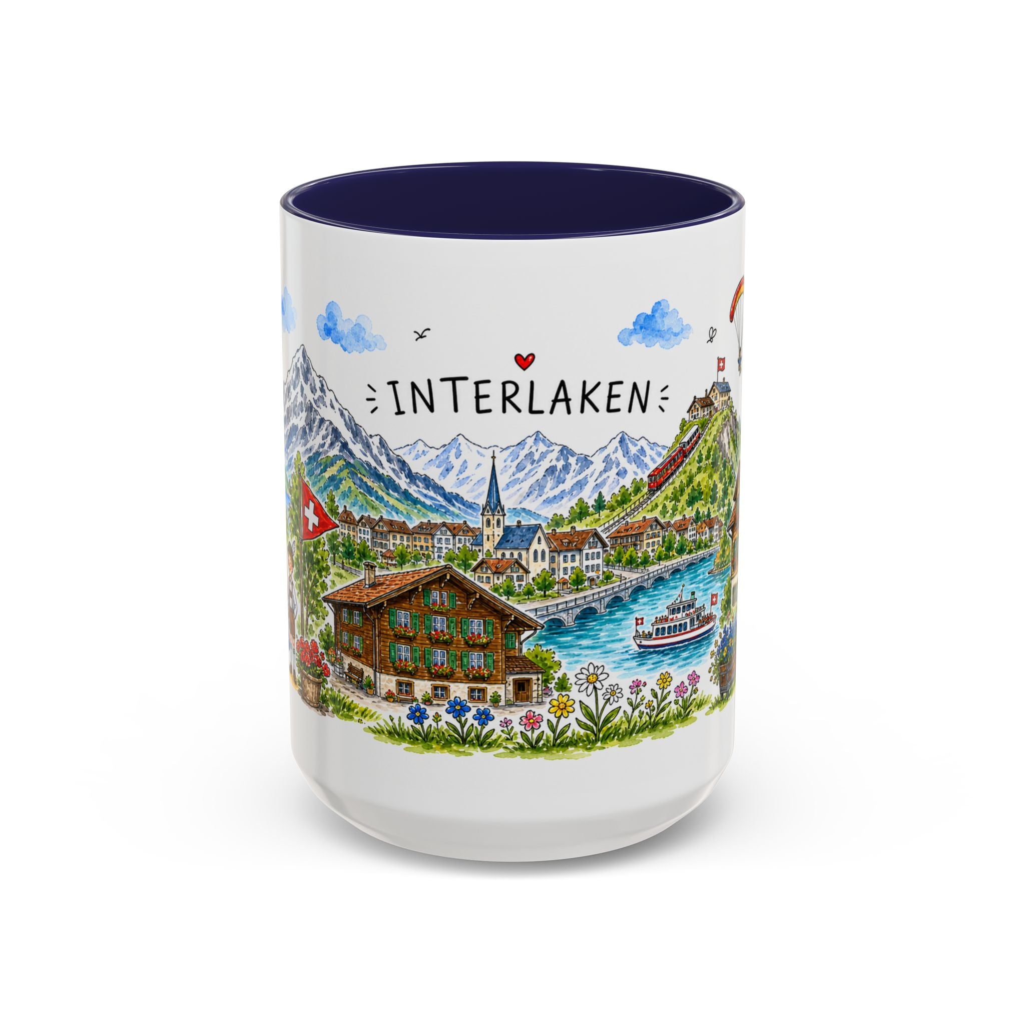 Interlaken Illustrated Travel Mug | Switzerland Souvenir Accent Coffee Mug | 11oz 15oz Ceramic Cup