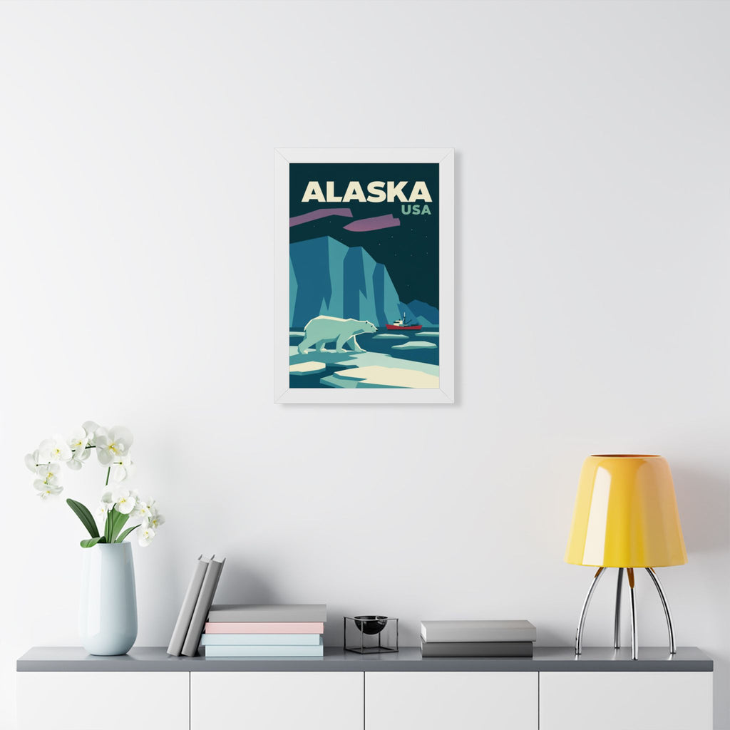 Alaska Polar Bear United States Framed Poster | Vintage Travel Wall Art | Black Walnut White Frame | 16x24 20x30