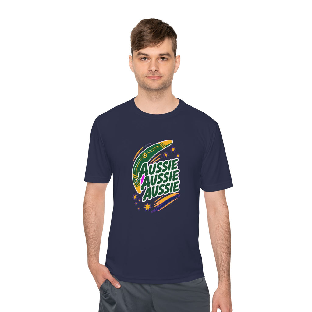 Australia Fan T-Shirt, Aussie Boomerang Design, Moisture Wicking Sport Tee