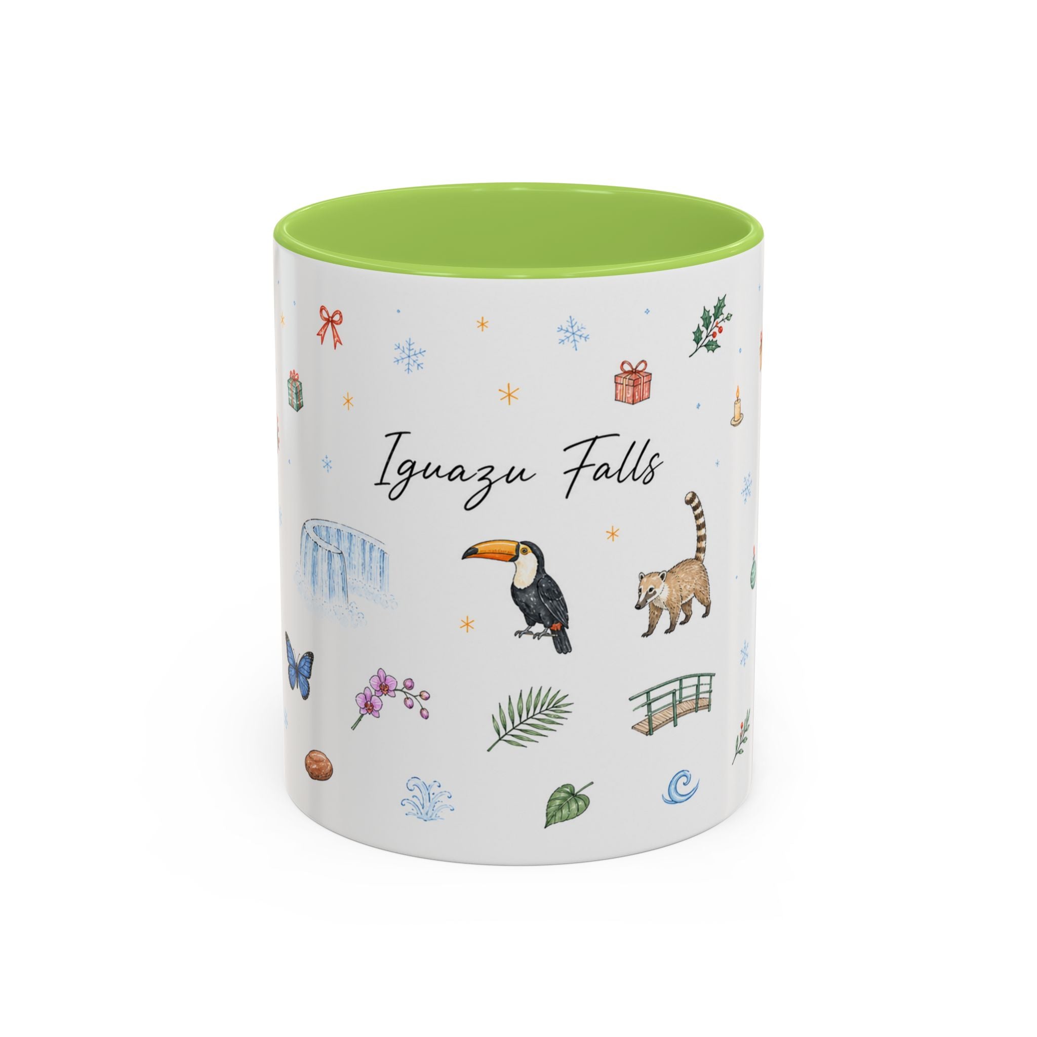 Iguazu Falls Christmas Mug | Watercolor Travel Souvenir | Holiday Gift | Accent Ceramic Coffee Cup 11oz 15oz