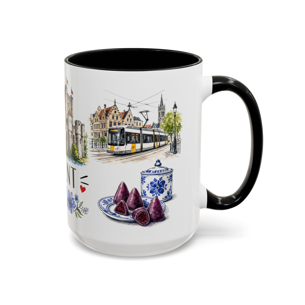 Ghent Illustrated Travel Mug | City Souvenir Accent Coffee Mug | 11oz 15oz Ceramic Cup