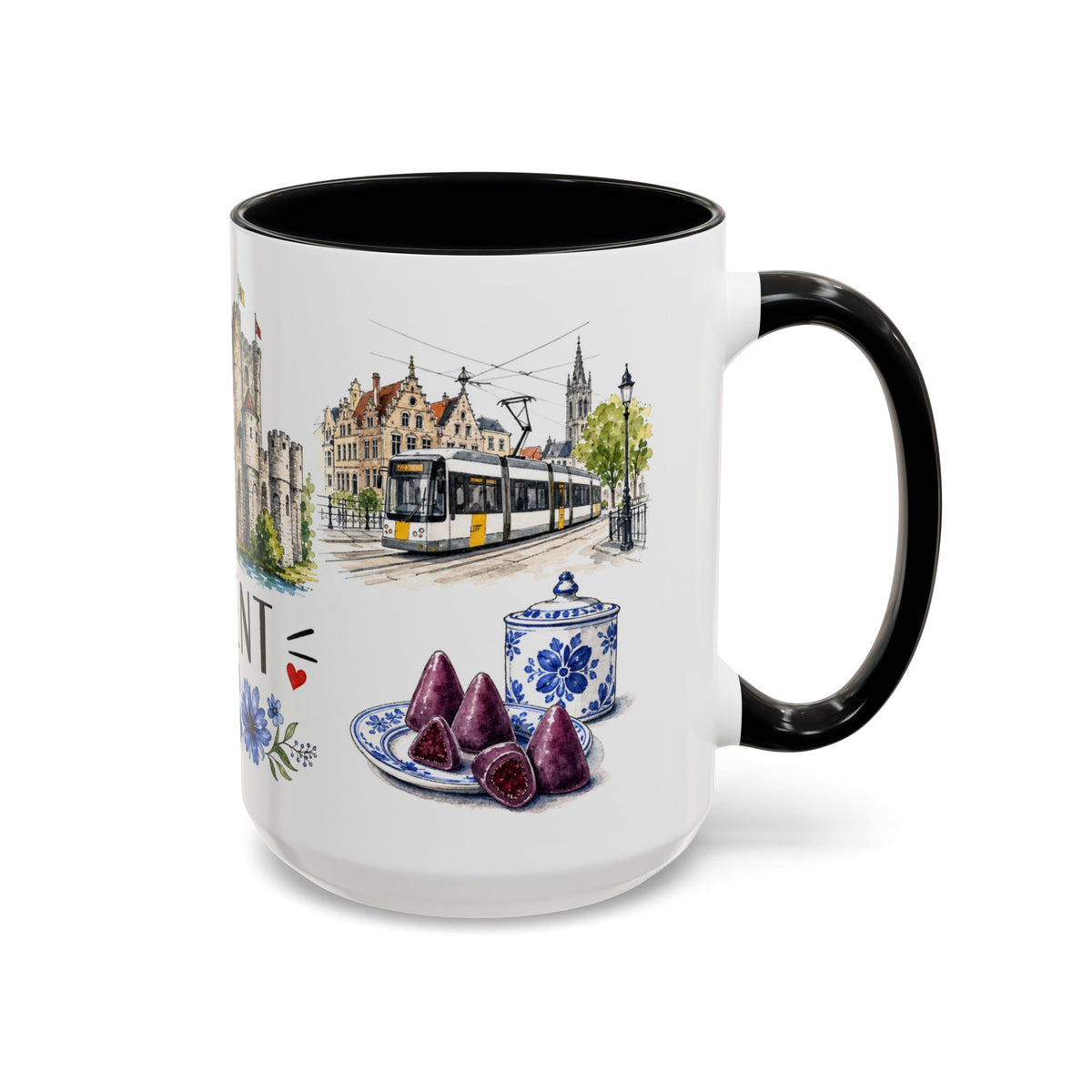 Ghent Illustrated Travel Mug | City Souvenir Accent Coffee Mug | 11oz 15oz Ceramic Cup