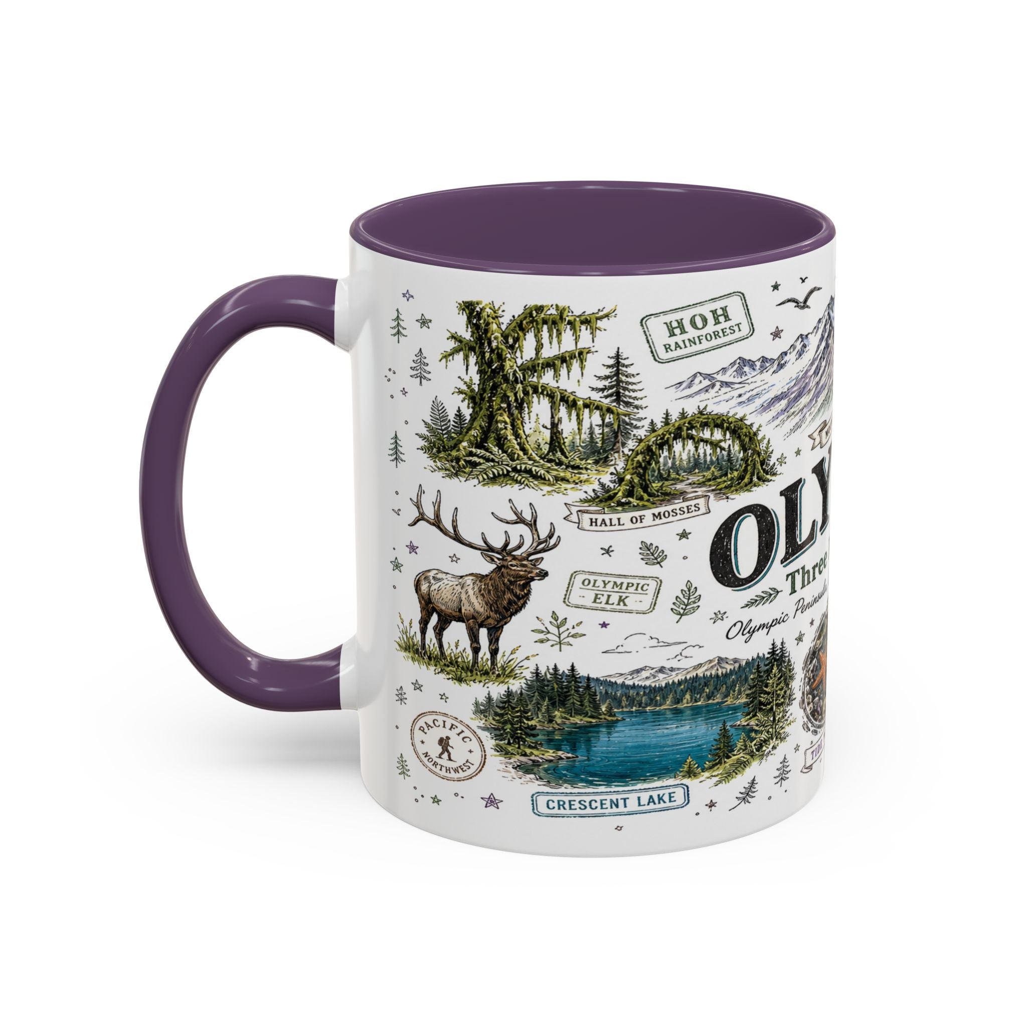 Olympic Coffee Mug | National Park Hiking Rainforest Gift | Accent Color Ceramic 11oz 15oz