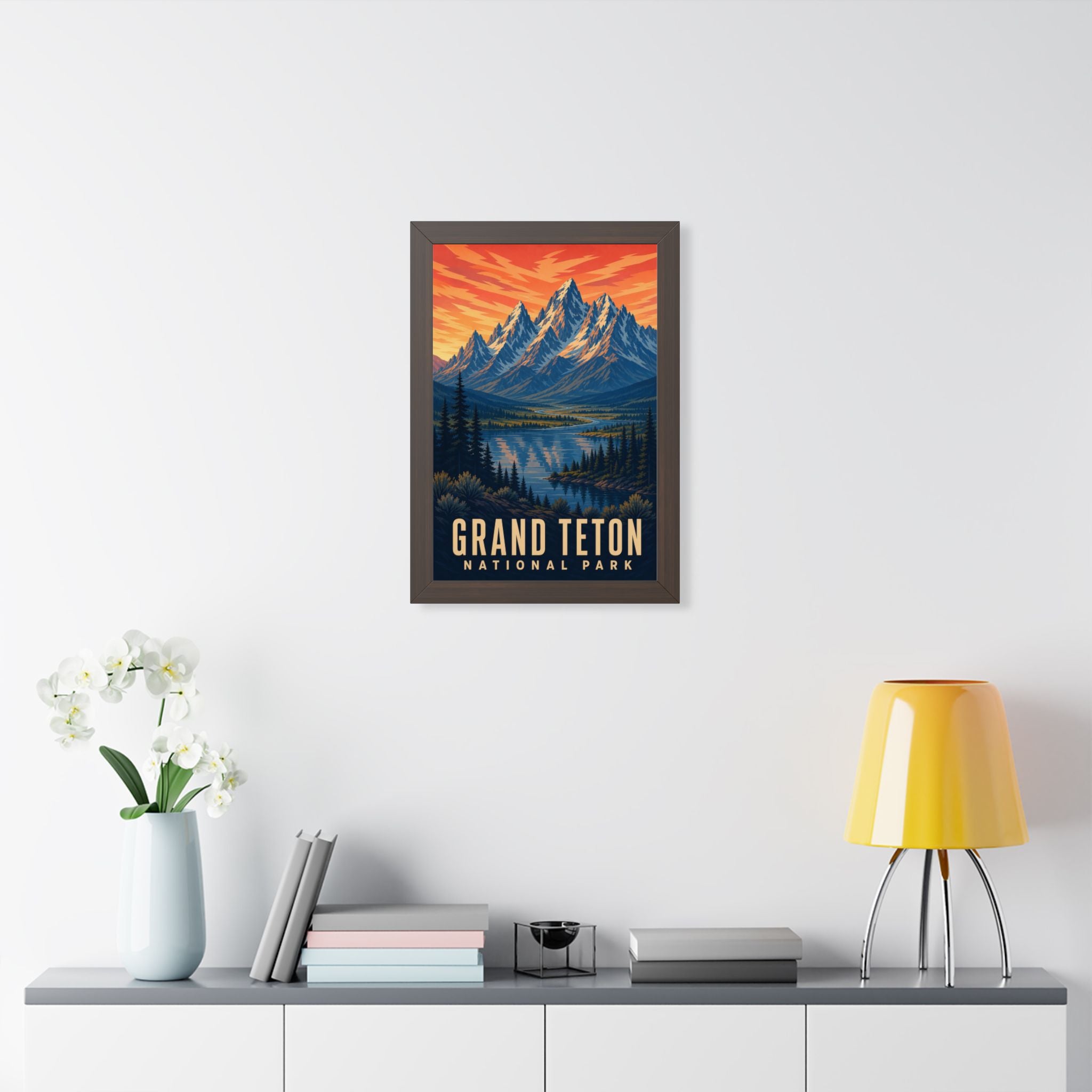 Grand Teton National Park Framed Poster | Vintage Travel Wall Art | Black Walnut White Frame | 16x24 20x30