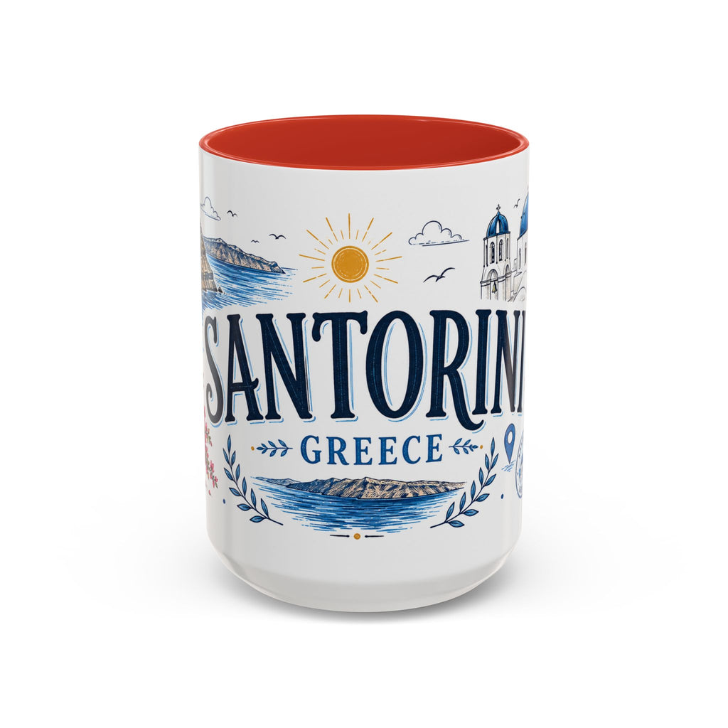 Santorini Coffee Mug | Travel Destination Souvenir Gift | Accent Color Ceramic 11oz 15oz