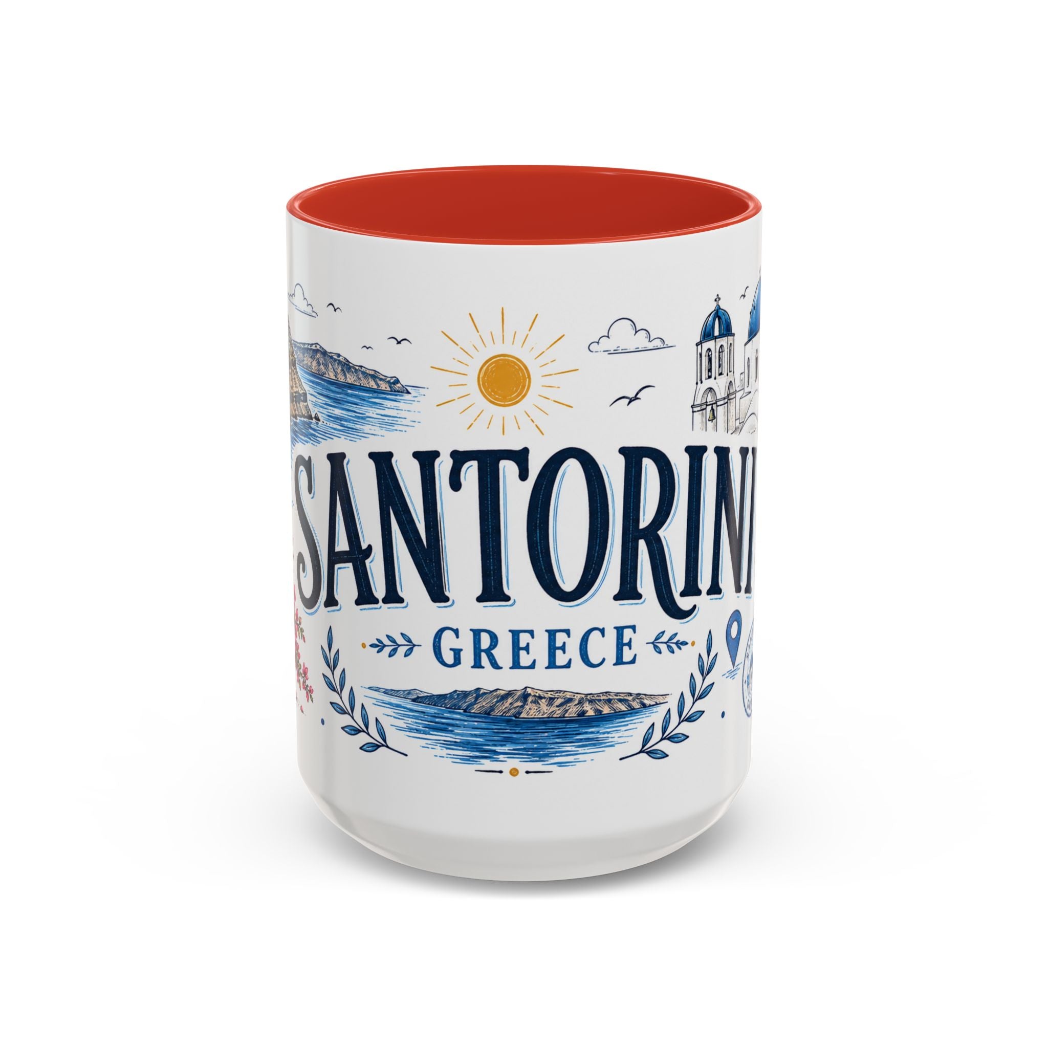 Santorini Coffee Mug | Travel Destination Souvenir Gift | Accent Color Ceramic 11oz 15oz