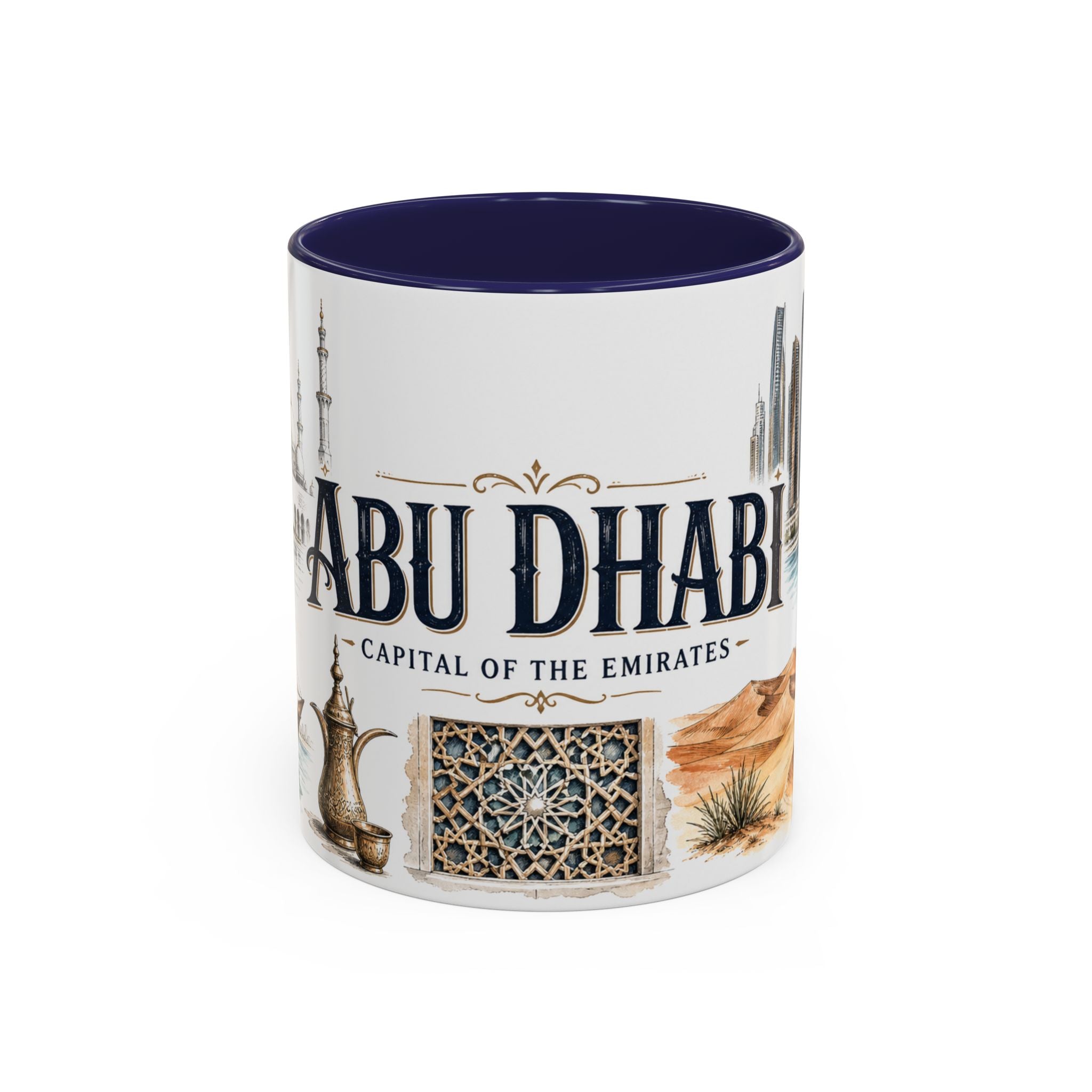 Abu Dhabi Coffee Mug | United Arab Emirates Travel Souvenir | Vintage Illustrated City Gift | 11 oz 15 oz Accent Mug