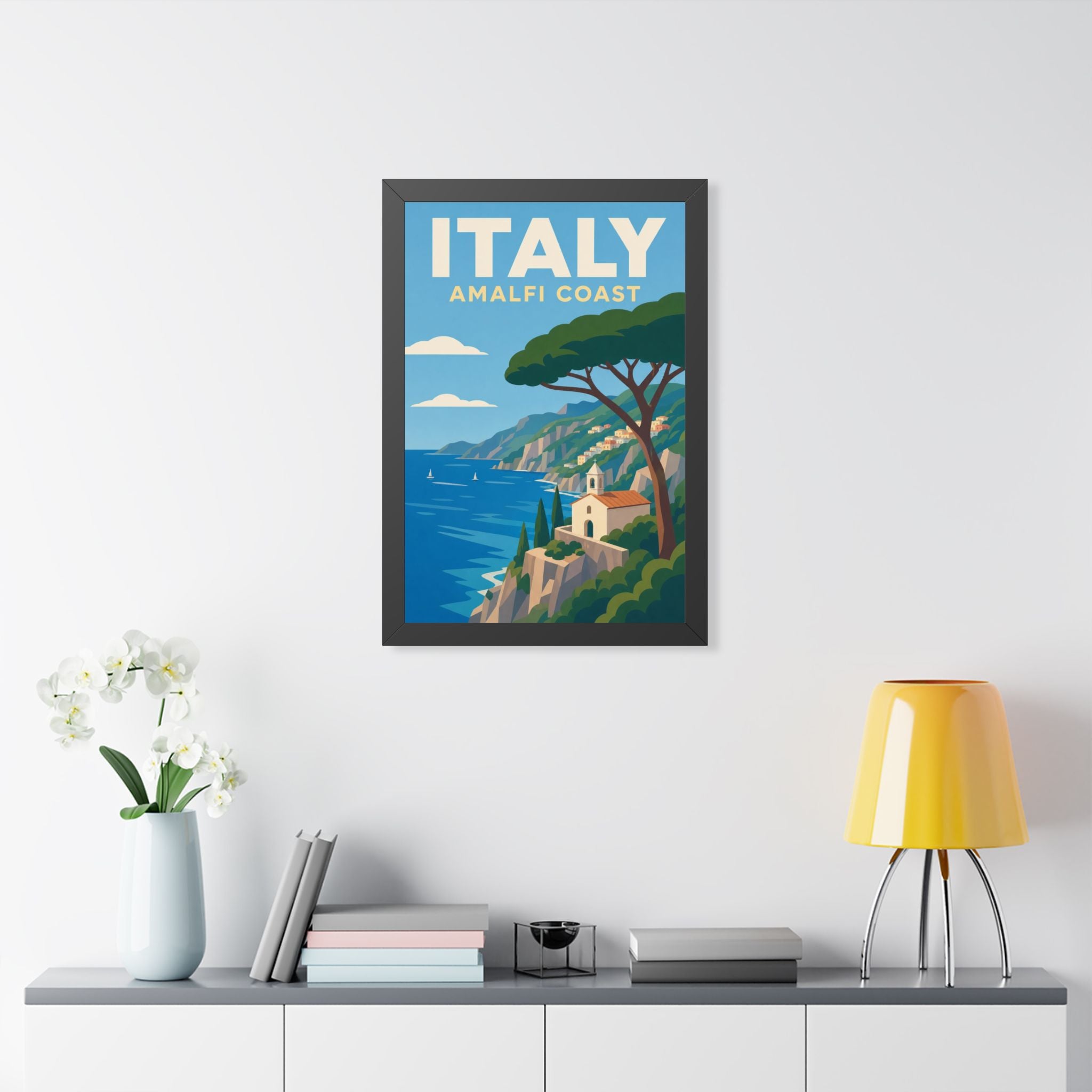 Amalfi Coast Italy Framed Poster | Vintage Travel Wall Art | Black Walnut White Frame | 16x24 20x30