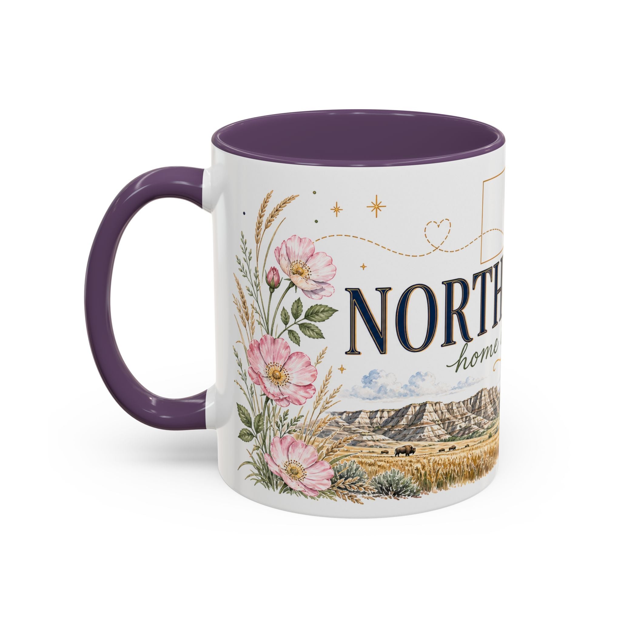 North Dakota State Map Mug | Prairie Rose Botanical Accent Coffee Cup
