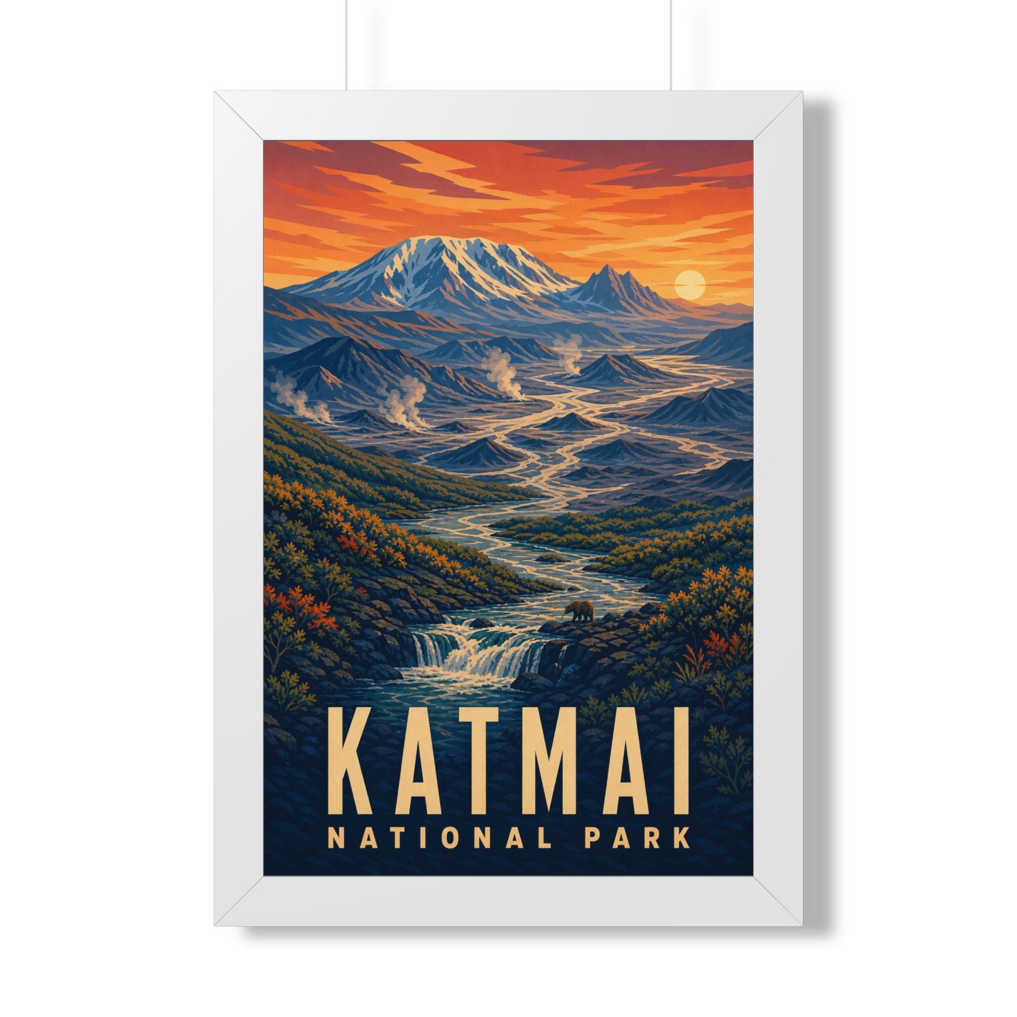 Katmai National Park Framed Poster | Vintage Travel Wall Art | Black Walnut White Frame | 16x24 20x30