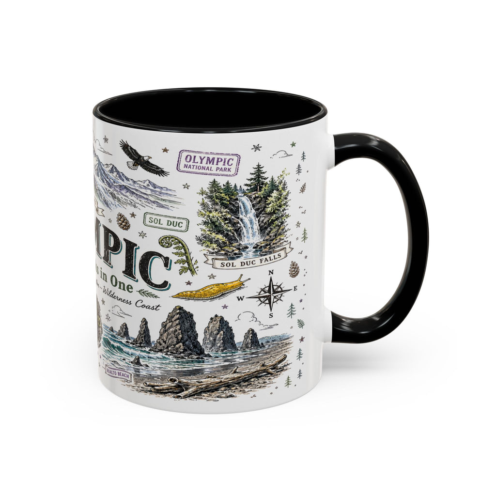 Olympic Coffee Mug | National Park Hiking Rainforest Gift | Accent Color Ceramic 11oz 15oz