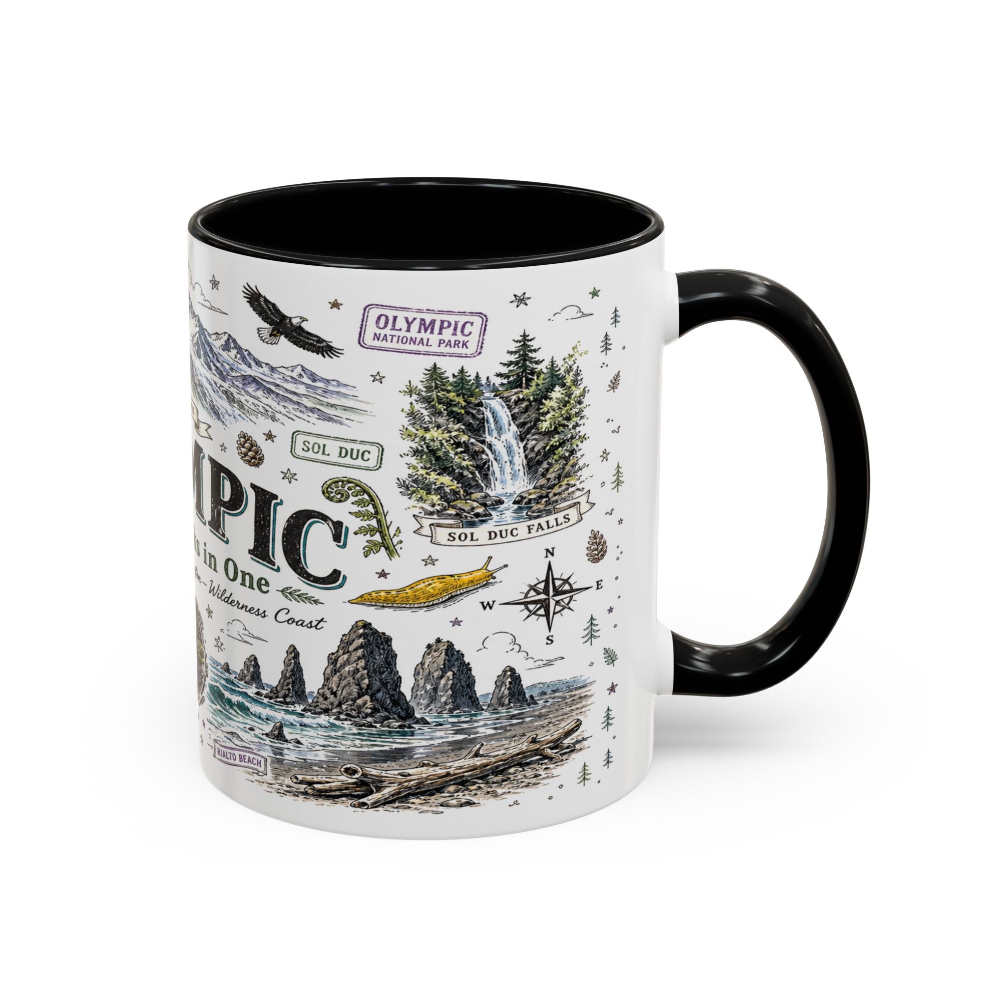 Olympic Coffee Mug | National Park Hiking Rainforest Gift | Accent Color Ceramic 11oz 15oz