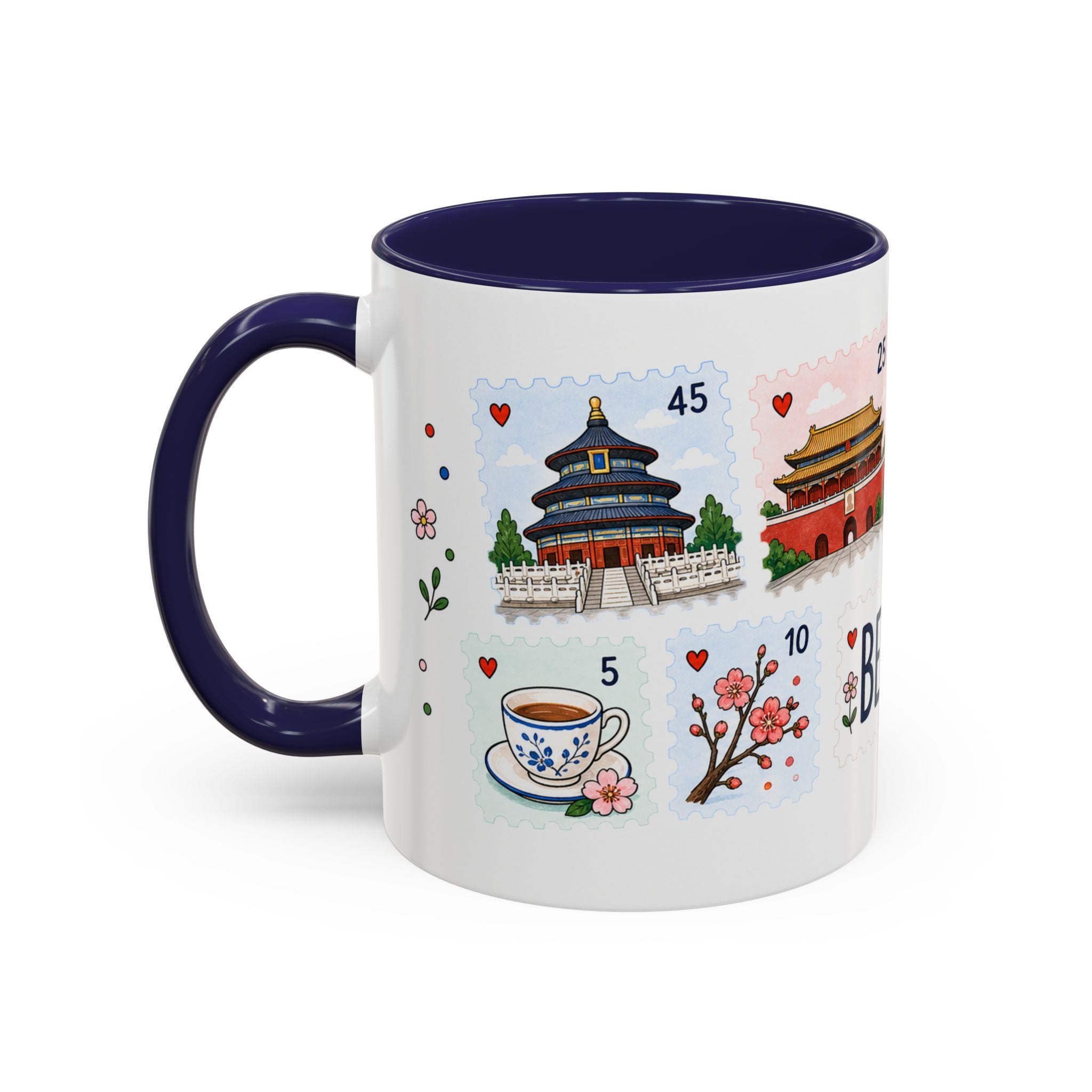 Beijing Coffee Mug | Postage Stamp Collage Mug | Travel Souvenir Accent Cup 11oz 15oz