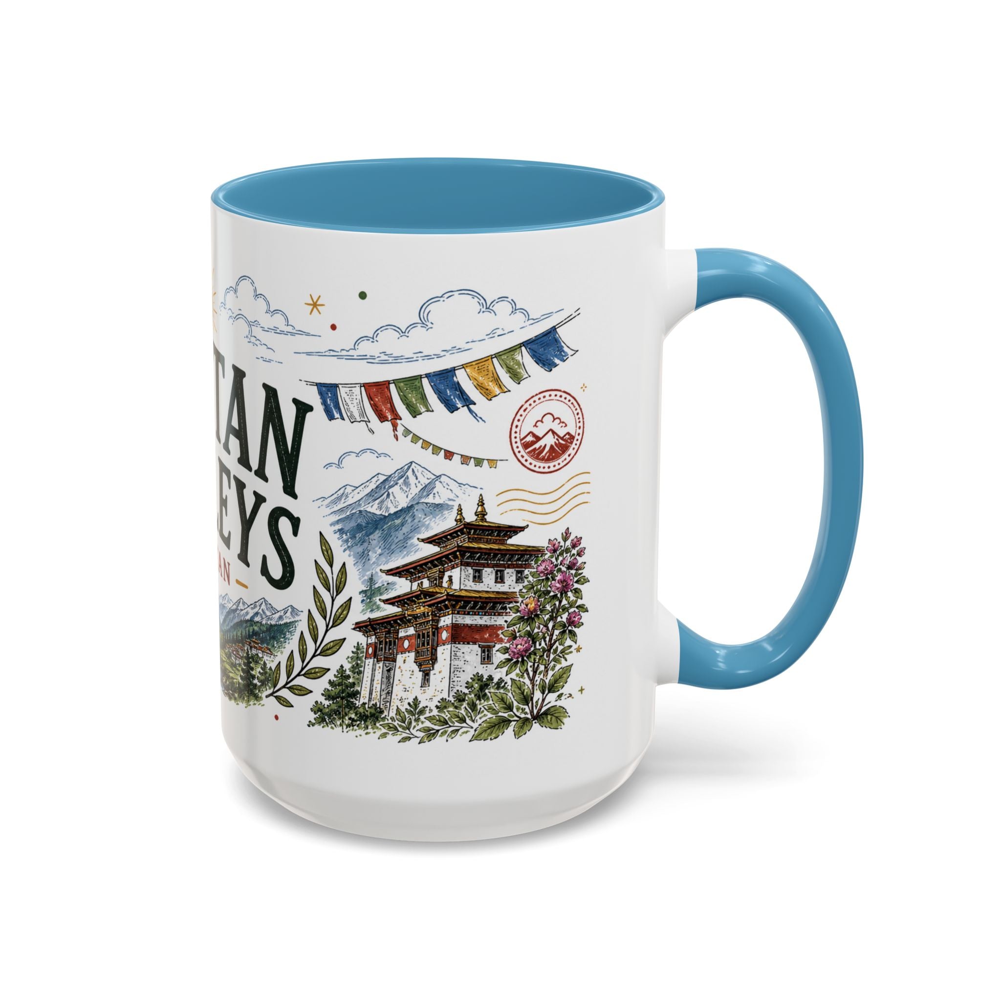 Bhutan Valleys Coffee Mug | Travel Destination Souvenir Gift | Accent Color Ceramic 11oz 15oz