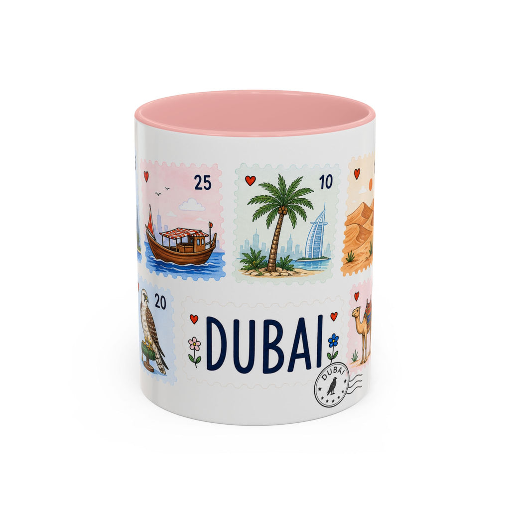 Dubai Coffee Mug | Postage Stamp Collage Mug | Travel Souvenir Accent Cup 11oz 15oz