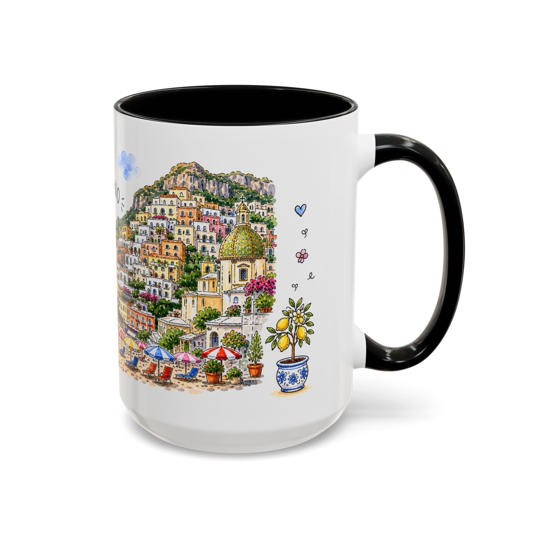 Positano Illustrated Travel Mug | Italy Souvenir Accent Coffee Mug | 11oz 15oz Ceramic Cup
