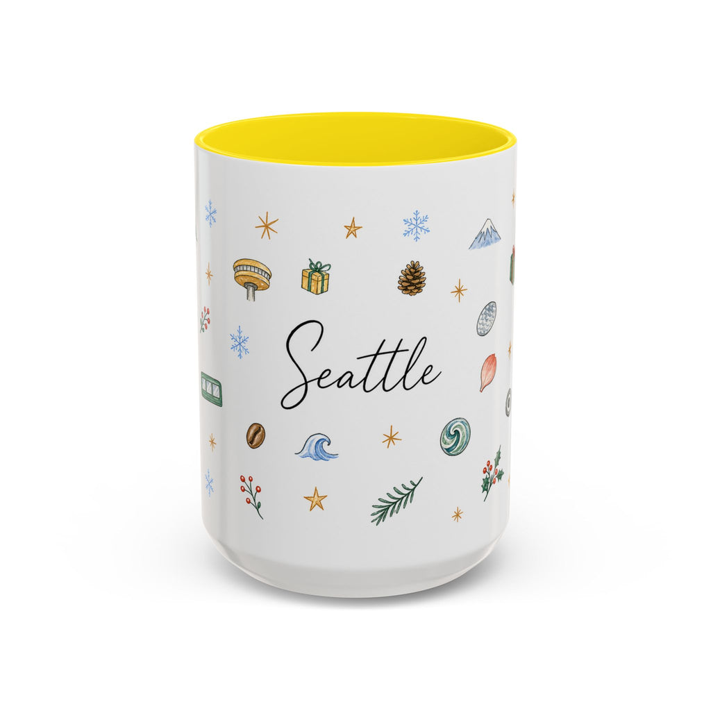 Seattle Christmas Mug | Watercolor Travel Souvenir | Holiday Gift | Accent Ceramic Coffee Cup 11oz 15oz