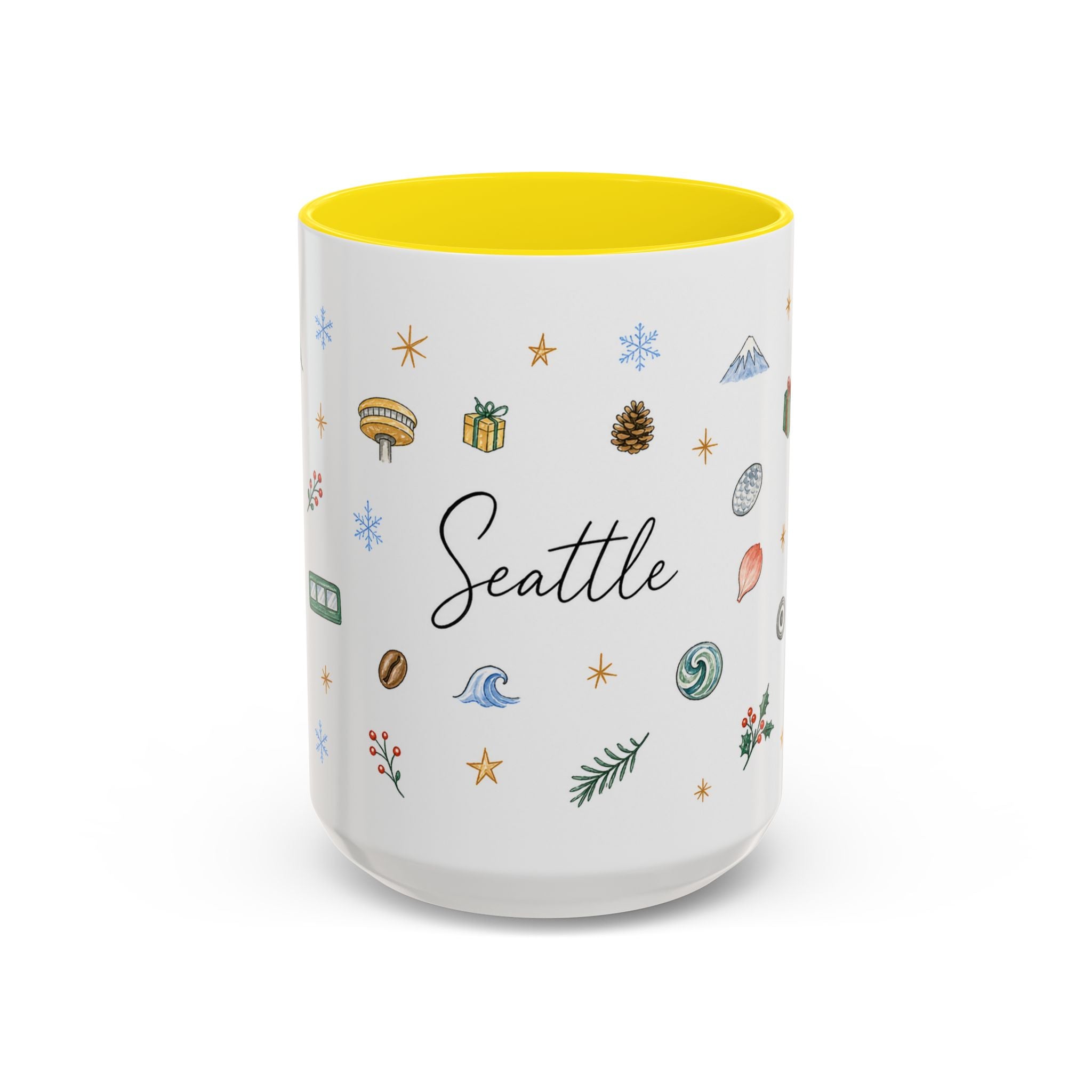 Seattle Christmas Mug | Watercolor Travel Souvenir | Holiday Gift | Accent Ceramic Coffee Cup 11oz 15oz