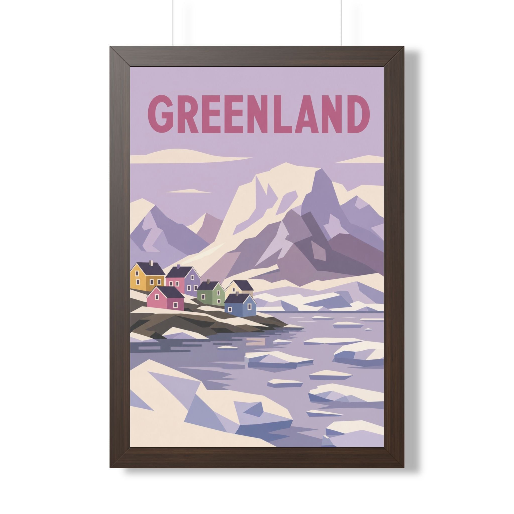 Greenland Village Greenland Framed Poster | Vintage Travel Wall Art | Black Walnut White Frame | 16x24 20x30