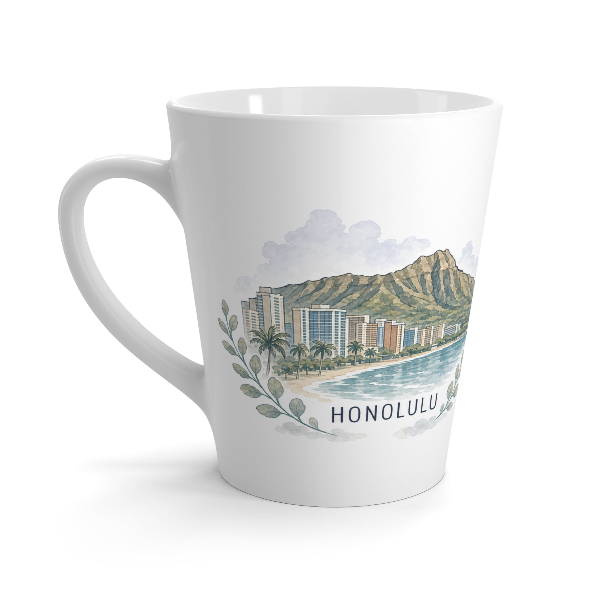 Honolulu Latte Mug | Watercolor City Travel Mug | 12 oz Ceramic Souvenir Gift