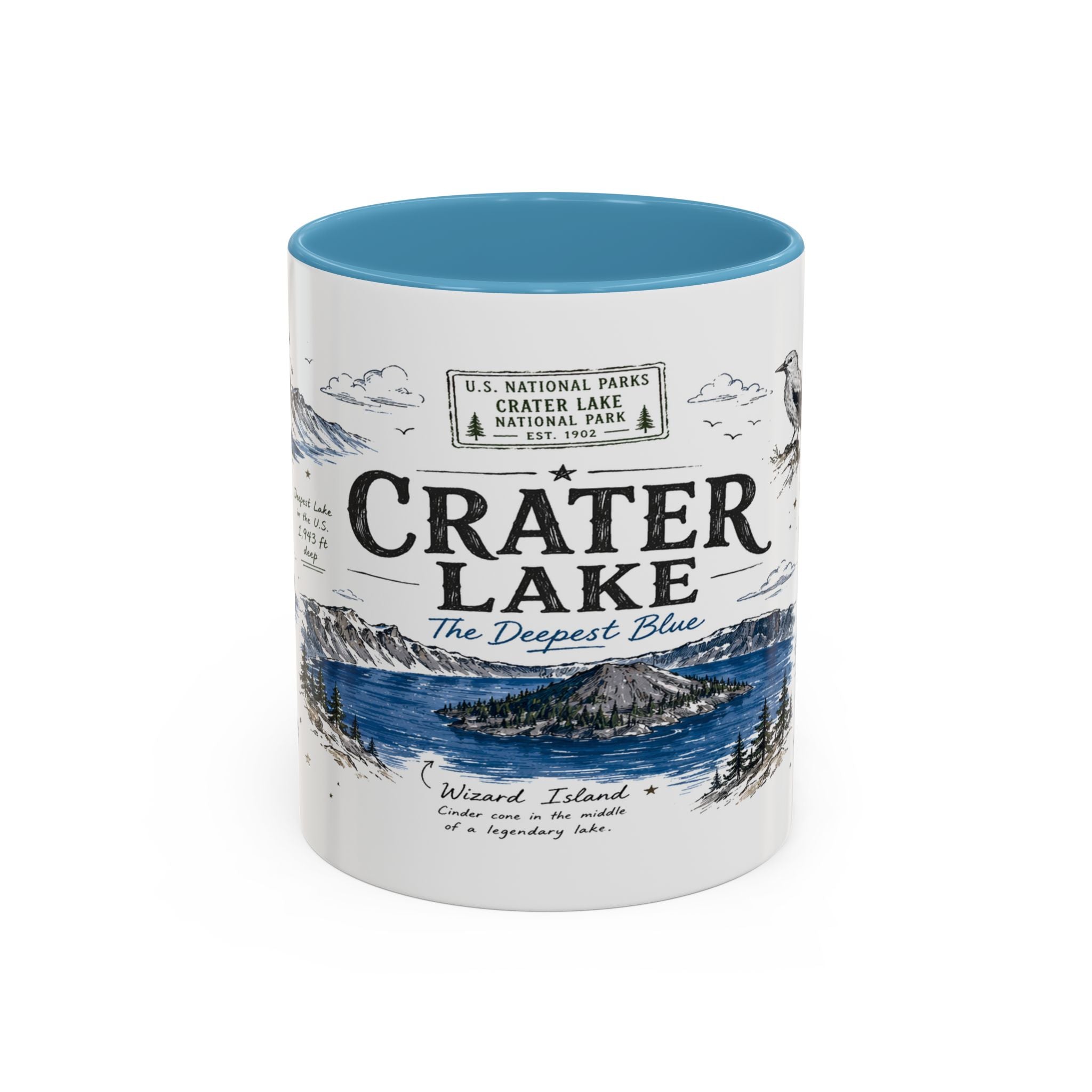 Crater Lake National Park Coffee Mug | Oregon Volcano Blue Lake Hiking Gift | Accent Color Ceramic 11oz 15oz