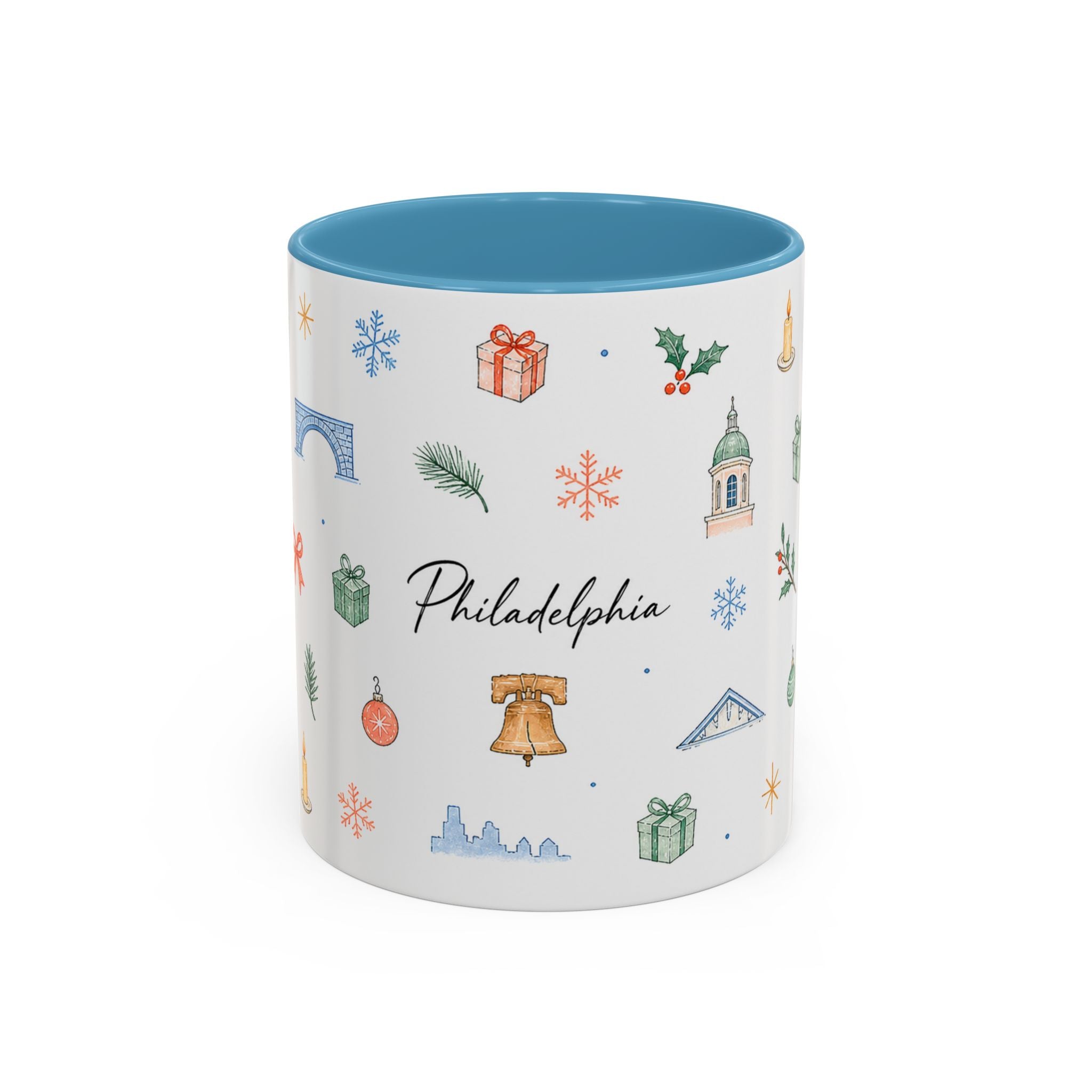 Philadelphia Christmas Mug | Watercolor Travel Souvenir | Holiday Gift | Accent Ceramic Coffee Cup 11oz 15oz