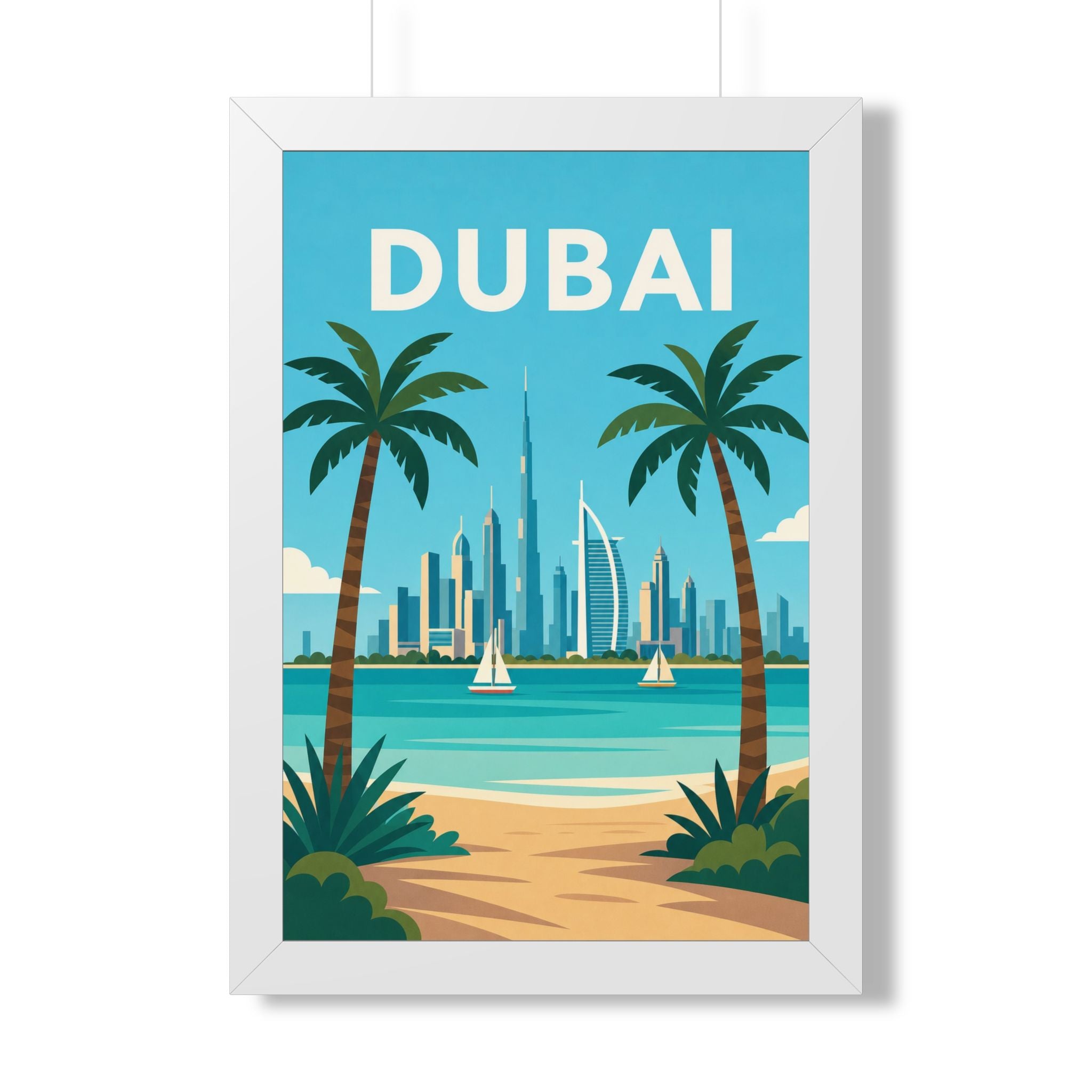 Dubai Beach United Arab Emirates Framed Poster | Vintage Travel Wall Art | Black Walnut White Frame | 16x24 20x30
