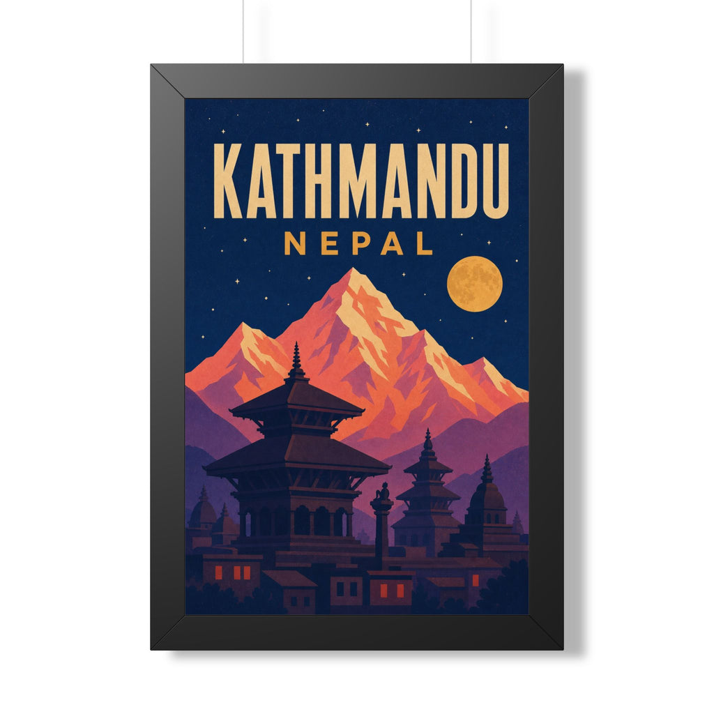 Kathmandu Nepal Framed Poster | Vintage Travel Wall Art | Black Walnut White Frame | 16x24 20x30