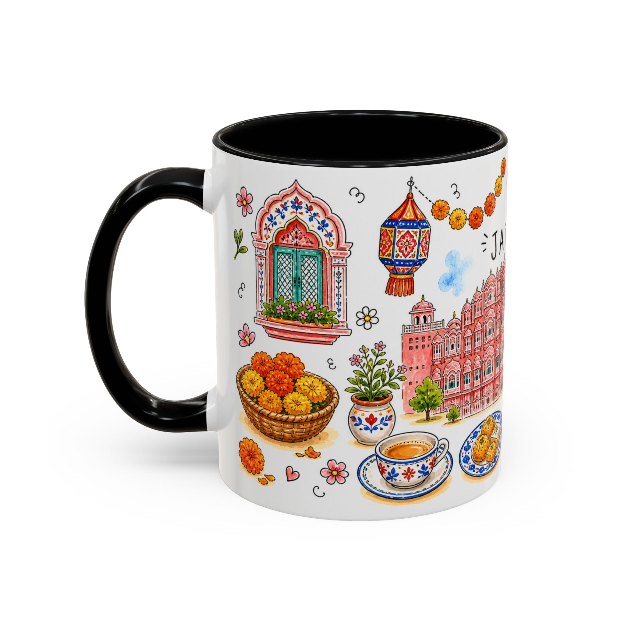 Jaipur Illustrated Travel Mug | City Souvenir Accent Coffee Mug | 11oz 15oz Ceramic Cup
