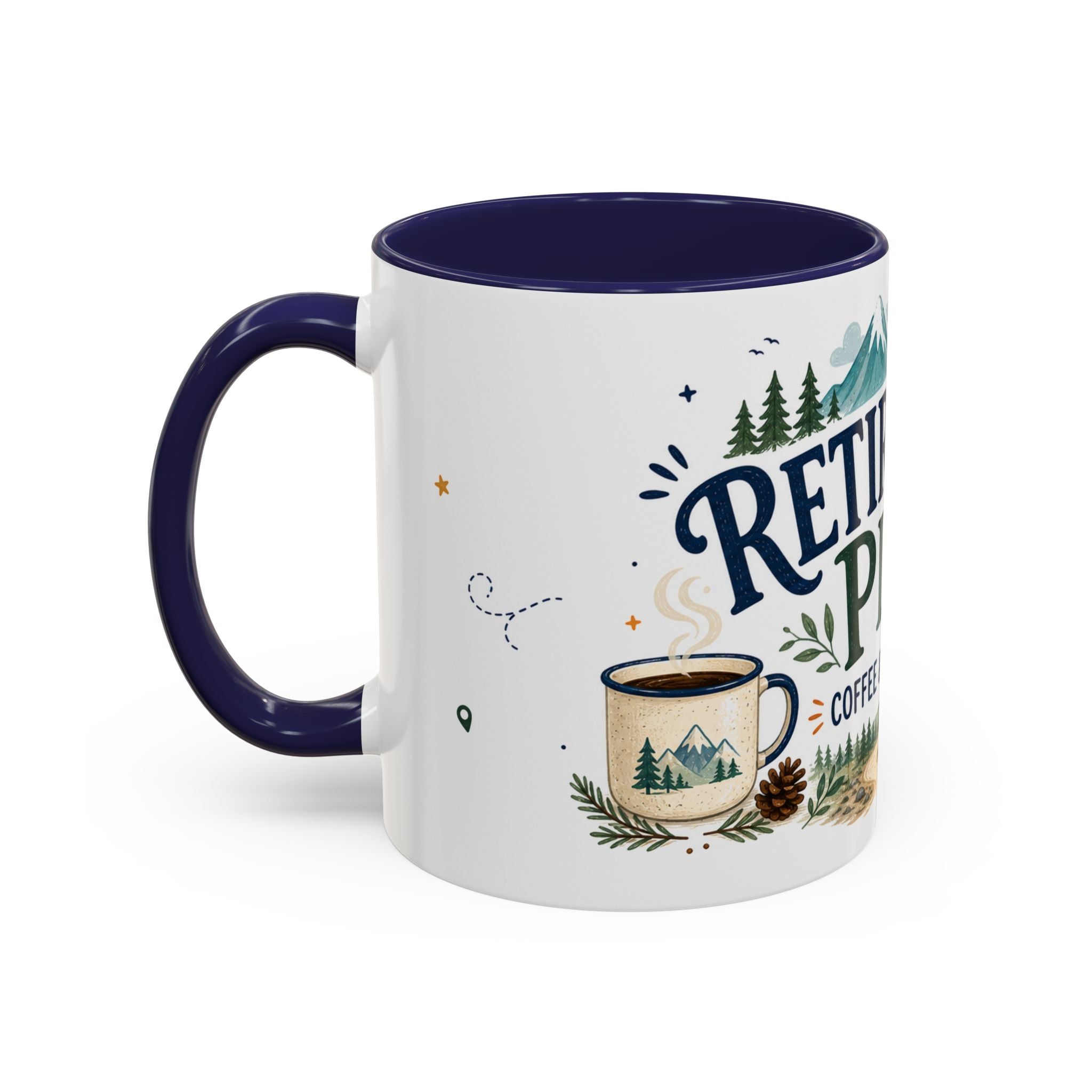 Retirement Plan Coffee And Adventures Mug | Travel Retirement Gift | Accent Color Ceramic 11oz 15oz